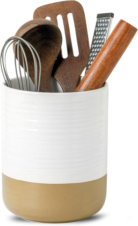 Hasense Utensil Holder, 7.4" x 6.2" Ceramic Utensil Holder for Kitchen Counter, Large Utensil Oganizer for Utensil Set, Farmhouse White Cooking Utensil Crock for Kitchen Decor