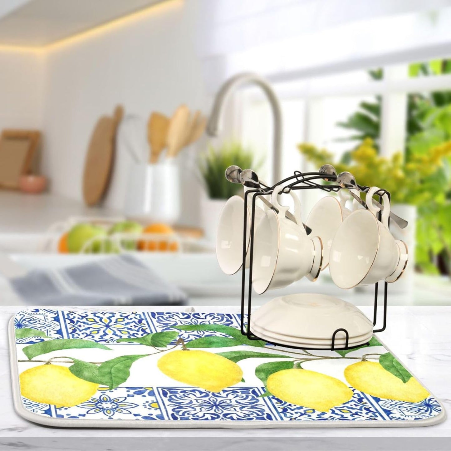 Lemon Blue Tiles Dish Drying Mat for Kitchen Counter Absorbent Microfiber Drying Pad, Large 18x24 in, Reversible Drainer Mats