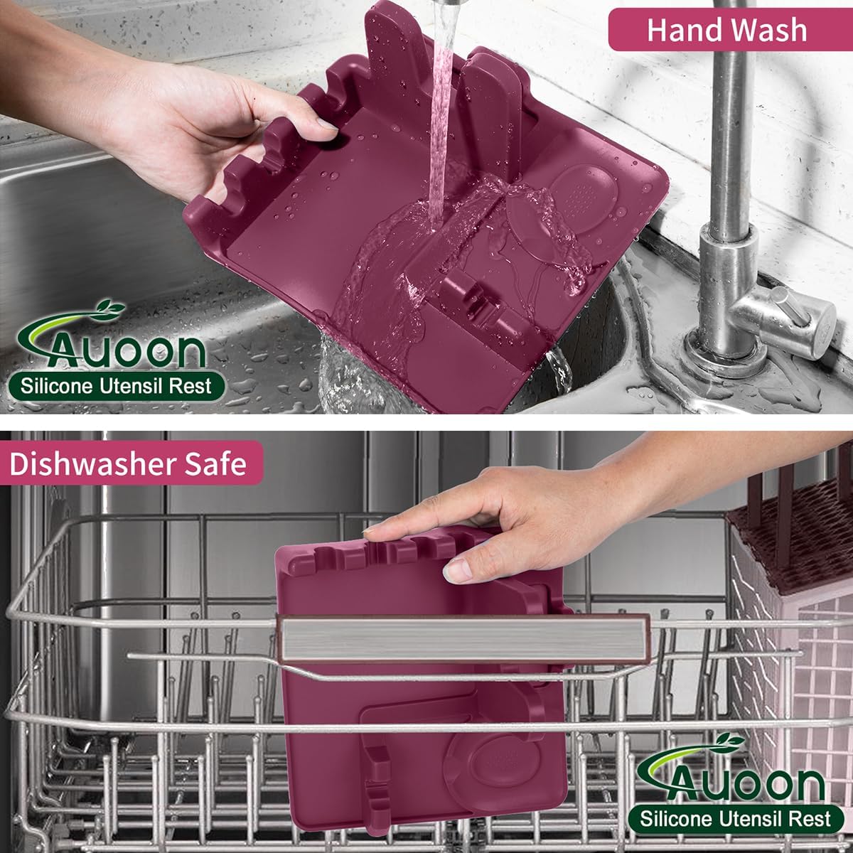 AUOON Spoon Holder for Stove - Silicone Spoon and Lid Rest with Drip Pad Kitchen Utensil Rest for Spoons, Ladles, Spatulas, Tongs & More (Cherry, Large)