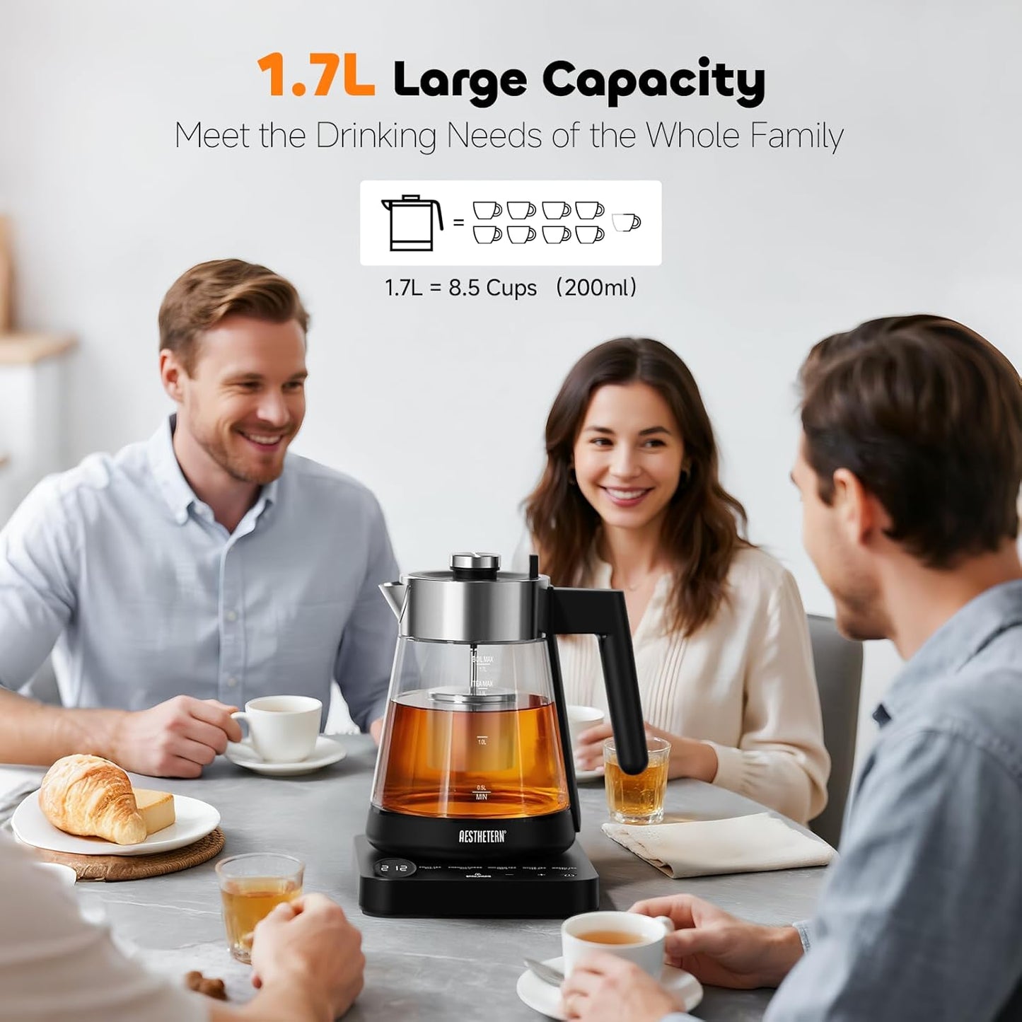 Electric Tea Kettle with Infuser 1.7L Glass Electric Kettle with Temperature Control Automatic Shut Off 12H Keep Warm for Tea Coffee Water Heater, Black