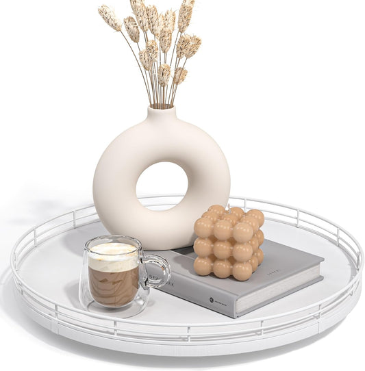 13" Oak Wood Decorative Tray for Home Decor, Tray for Coffee Table Decor Perfume Nightstand Vanity Bathroom Trays for Counter Candle Jewelry Makeup Farmhouse Table Centerpiece for Dining Room White