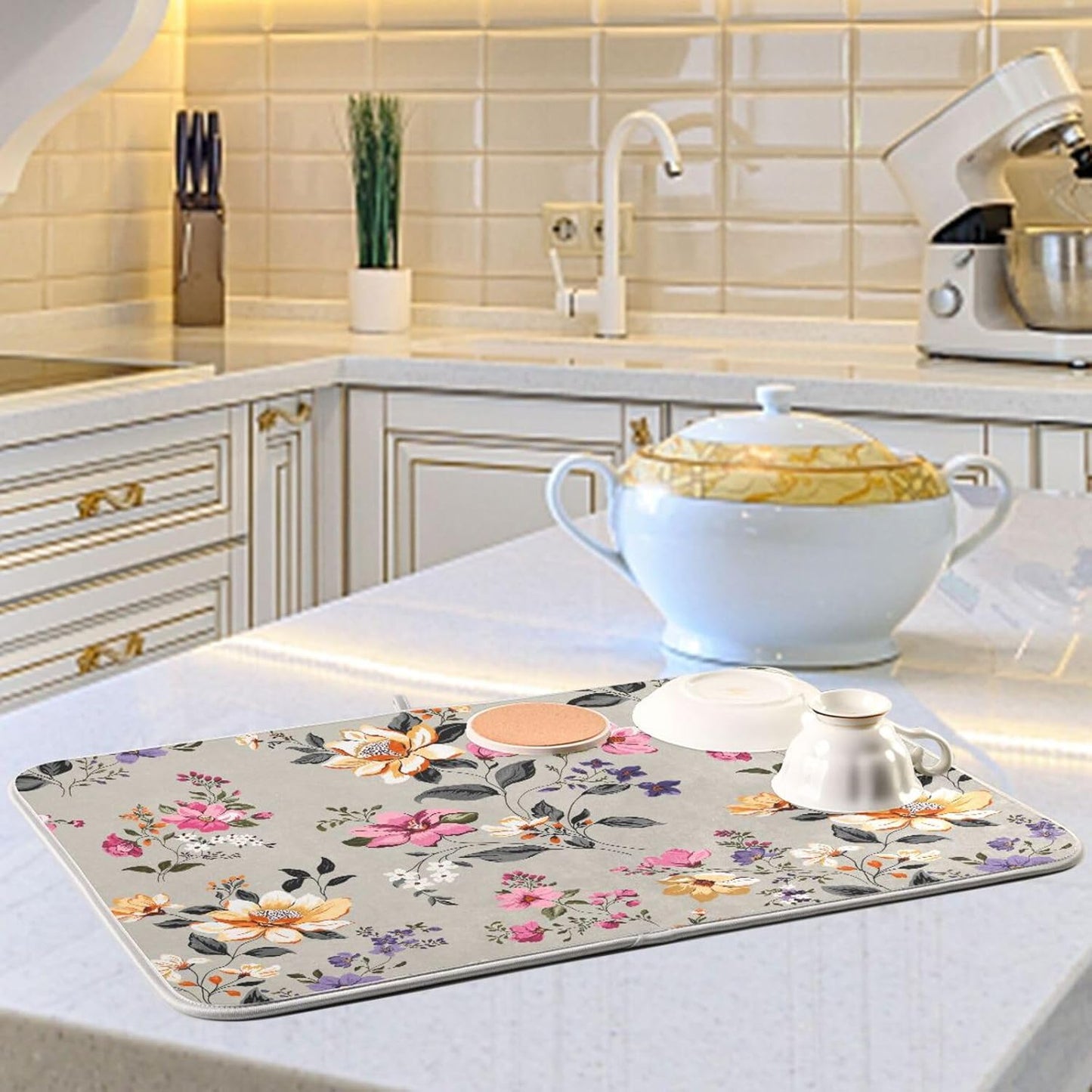 Vintage Flowers Leaves Dish Drying Mat for Kitchen Counter Absorbent Microfiber Drying Pad, Medium 16x18 in, Reversible Drainer Mats
