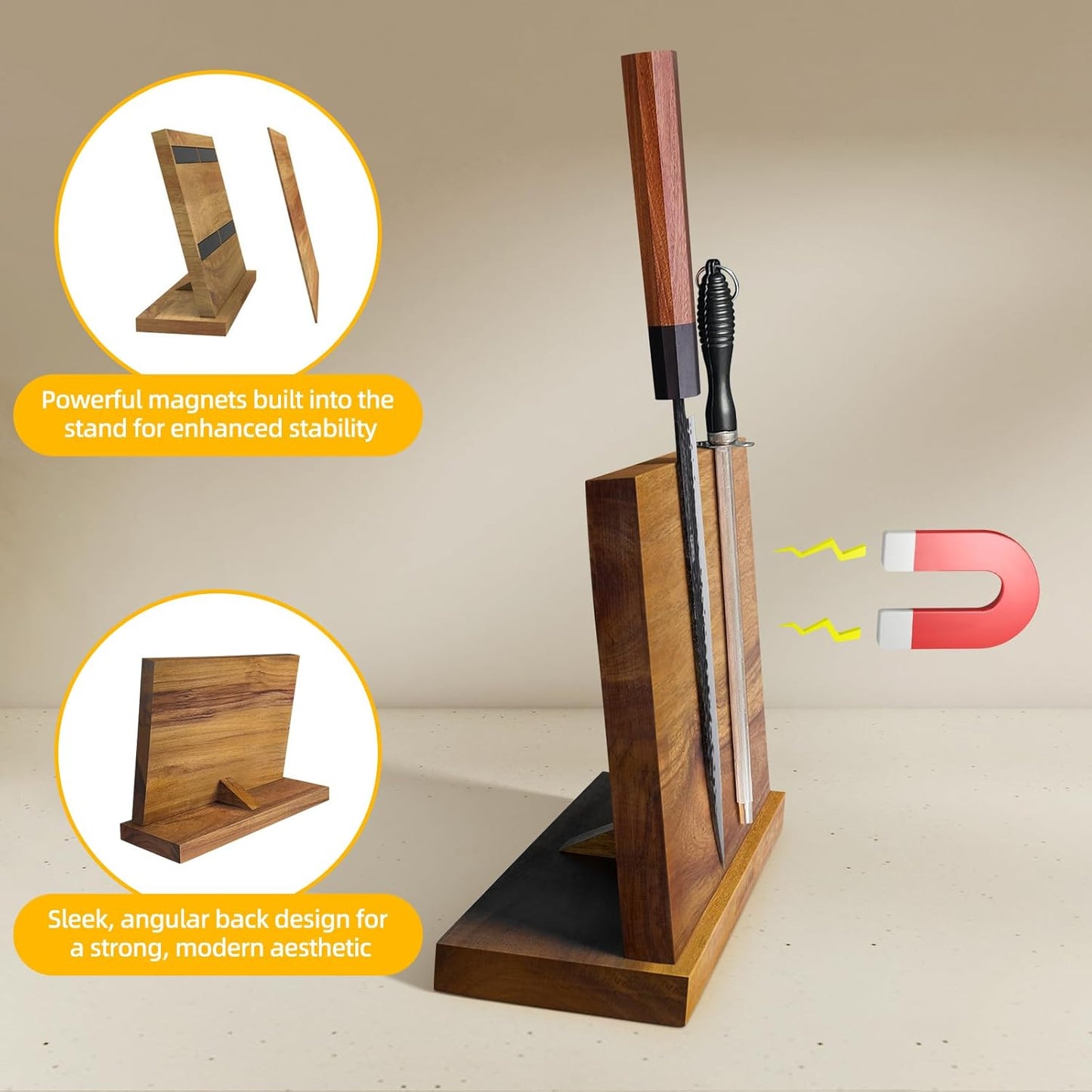 FINDKING Magnetic Knife Block, Teak Wood Utensils Holder, Strong Magnet Stand for Kitchen Counter (10.8 x 8 Inches, Without Knives)