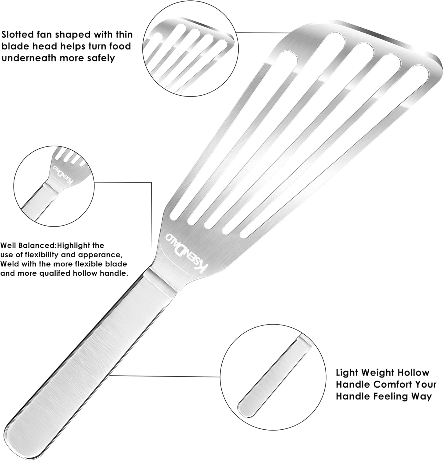 KSENDALO Thin Fish Spatula Stainless Steel -Flexible Slotted Egg Flipper with Angled Blade & Comfortable Hollow Grip, Metal Turner for Fish Egg Omelettes Pancakes, All Cookware, Dishwasher Safe