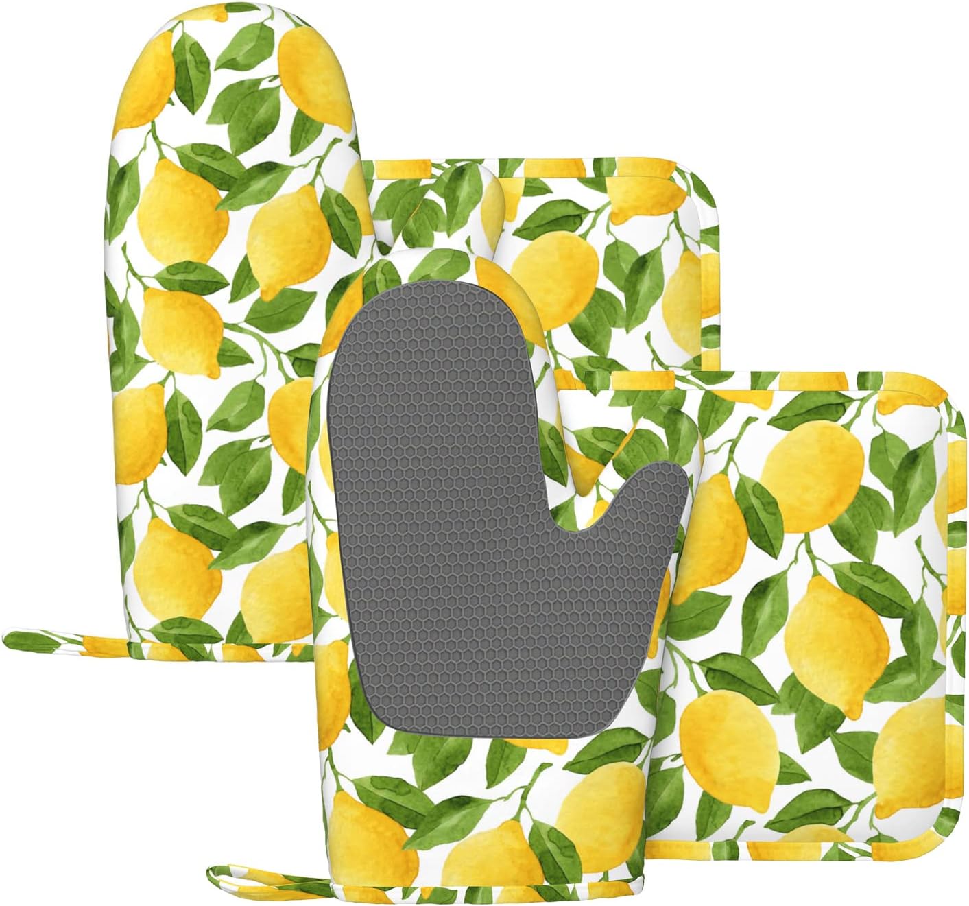 Lemon Oven Mitts and Pot Holders Sets of 4,Resistant Hot Pads with Silicone Non-Slip BBQ Gloves for Kitchen,Cooking,Baking,Grilling