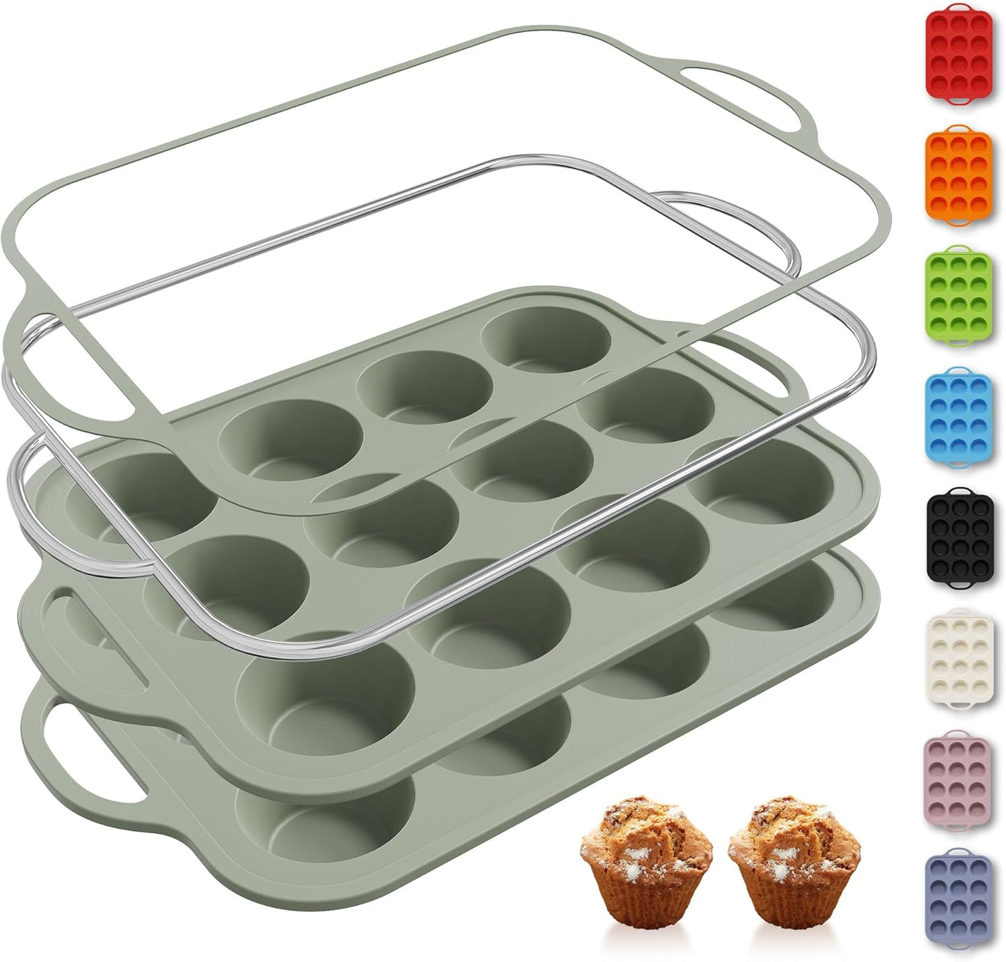 2 Packs 12 Cups Silicone Muffin Pan with Metal Reinforced Frame Regular Size Cupcake Pan Tray Egg Bites Silicone Circle Cookie Molds Muffin Tin Tart Pans Baking Sheet Set for Breakfast Sandwiches