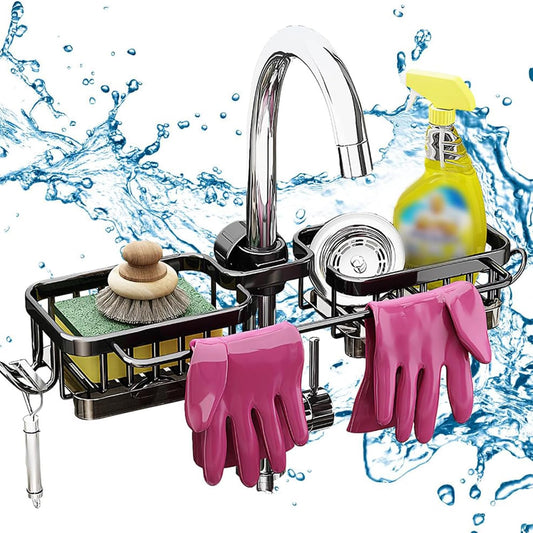 Kitchen Sink Faucet Organizer Multifunction Sponge Holder Organizer Sink Drain Holder Over Faucet Kitchen Sink Caddy with Hook Adjustable for 0.7-1.1inch Round Water Pipe (Black, B)