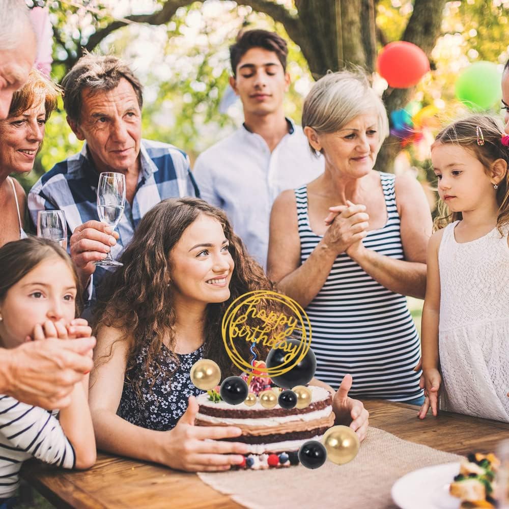 BEISHIDA Cake Topper Gold 27 Pack Cupcake Topper with Mini Balls, Happy Birthday Acrylic Toppers, Cake Decorations with Insert Pick DIY for Anniversary Wedding Baby Shower Party(Gold/Black)