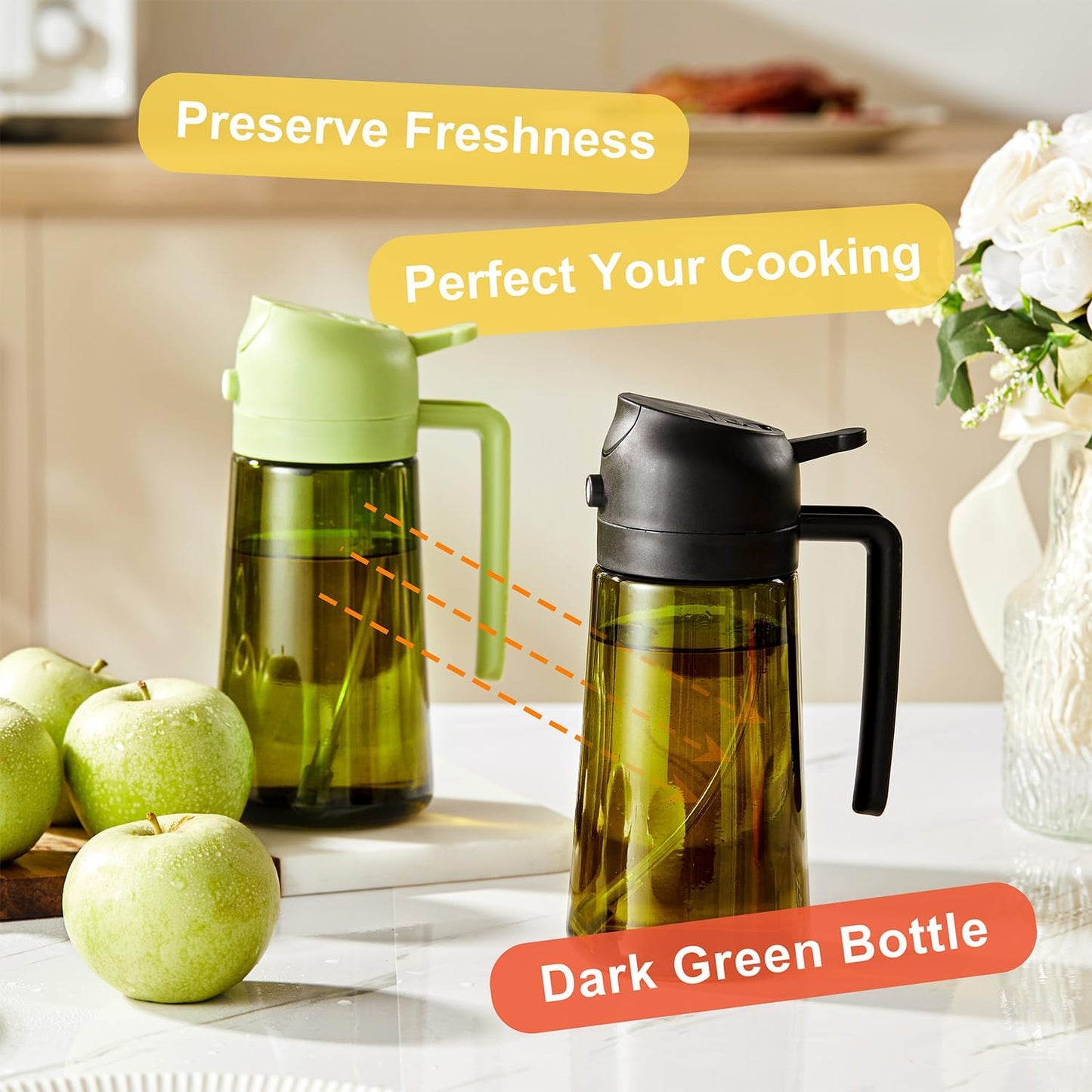 CXINYI - 16oz/470ml Olive Oil Dispenser for Kitchen with Stickers - 2 in 1 Olive Oil Sprayer for Cooking, Air Fryer, and Salad, Green (Light-Proof Kitchen Gadget)