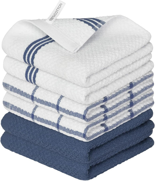 Artoid Mode Ring Spun Cotton Blue Dishcloth Kitchen Towels, 12x12 Inch Ultra Soft Absorbent Quick Drying Household Cleaning Kitchen Rags Set of 6