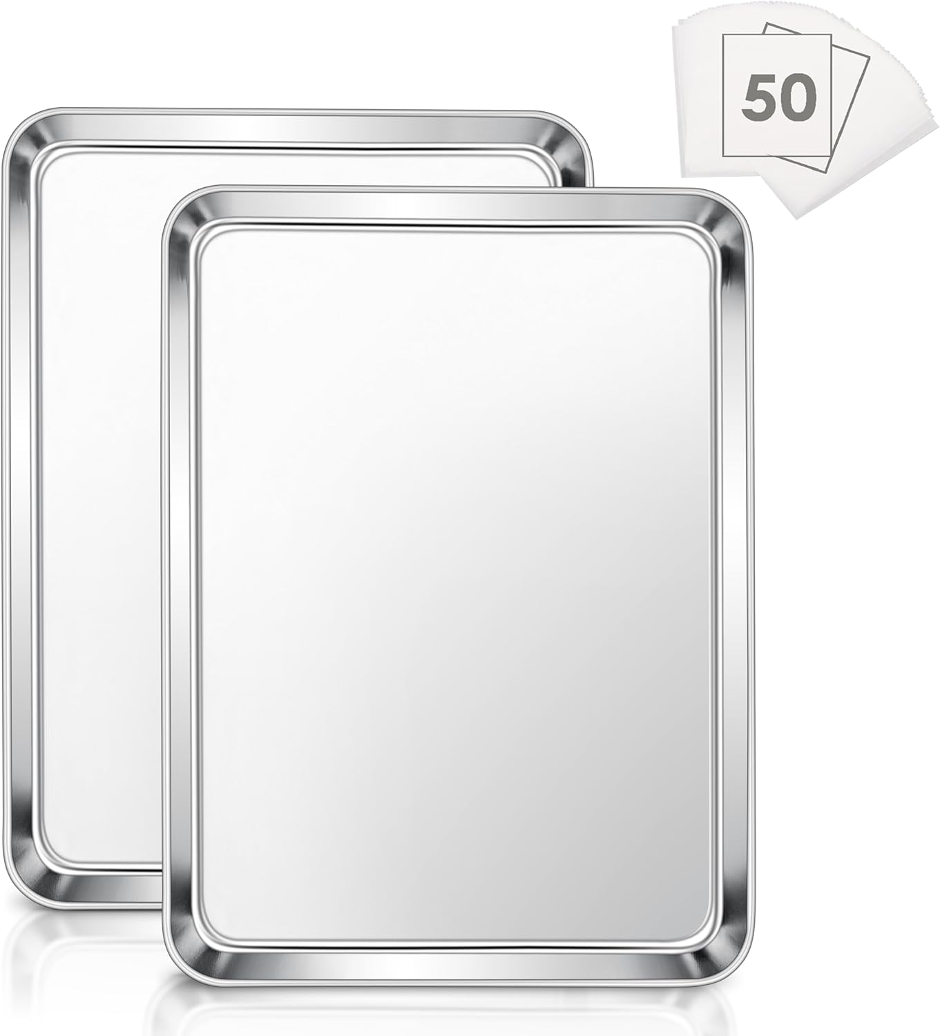 E-far Baking Cookie Sheet Set of 2, 16”x12” Stainless Steel Baking Sheet Pan with 50 Parchment Paper, Rectangle Baking Tray for Cooking Roasting, Rust Free & Heavy Duty, Oven & Dishwasher Safe