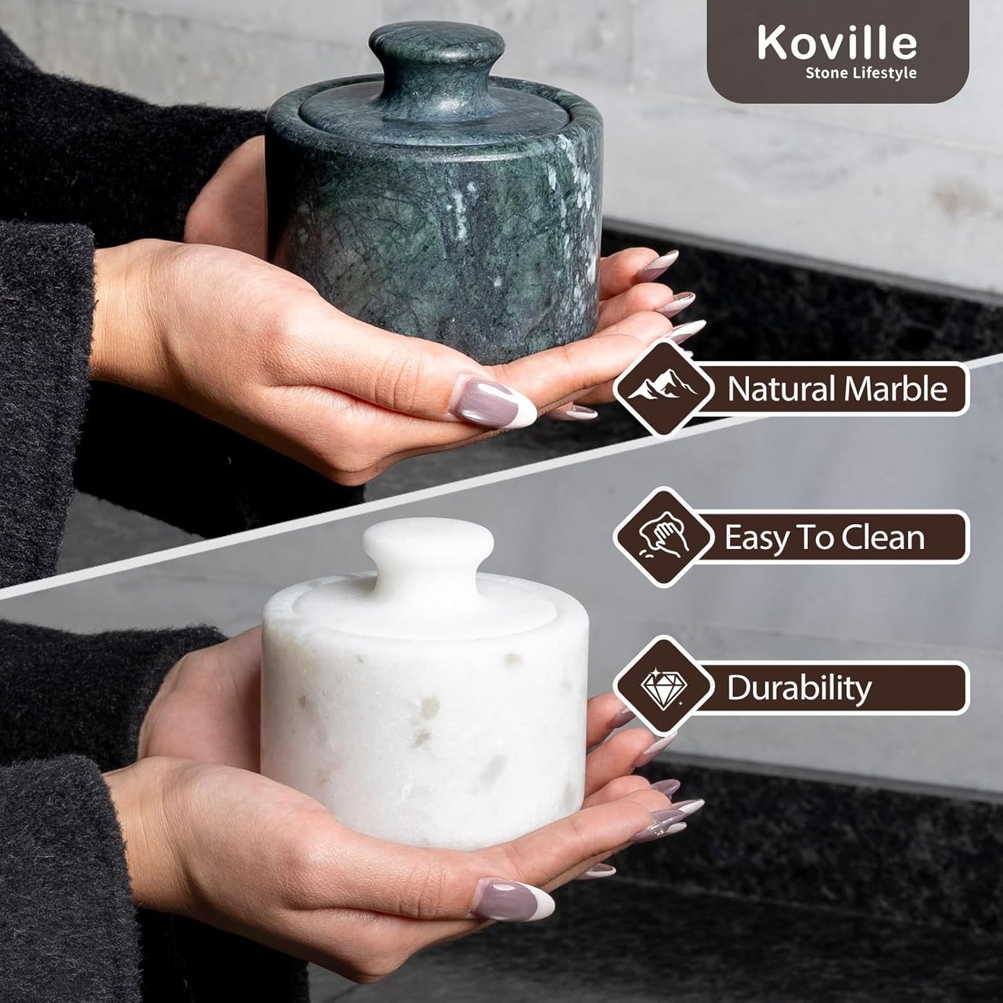 Koville Marble Salt Cellar White and Green Salt Holder with Lid for Kitchen Table Décor, Elegant Modern Handcrafted Seasoning Container for Countertop, Salt and Pepper Holder & Coffee Beans Storage