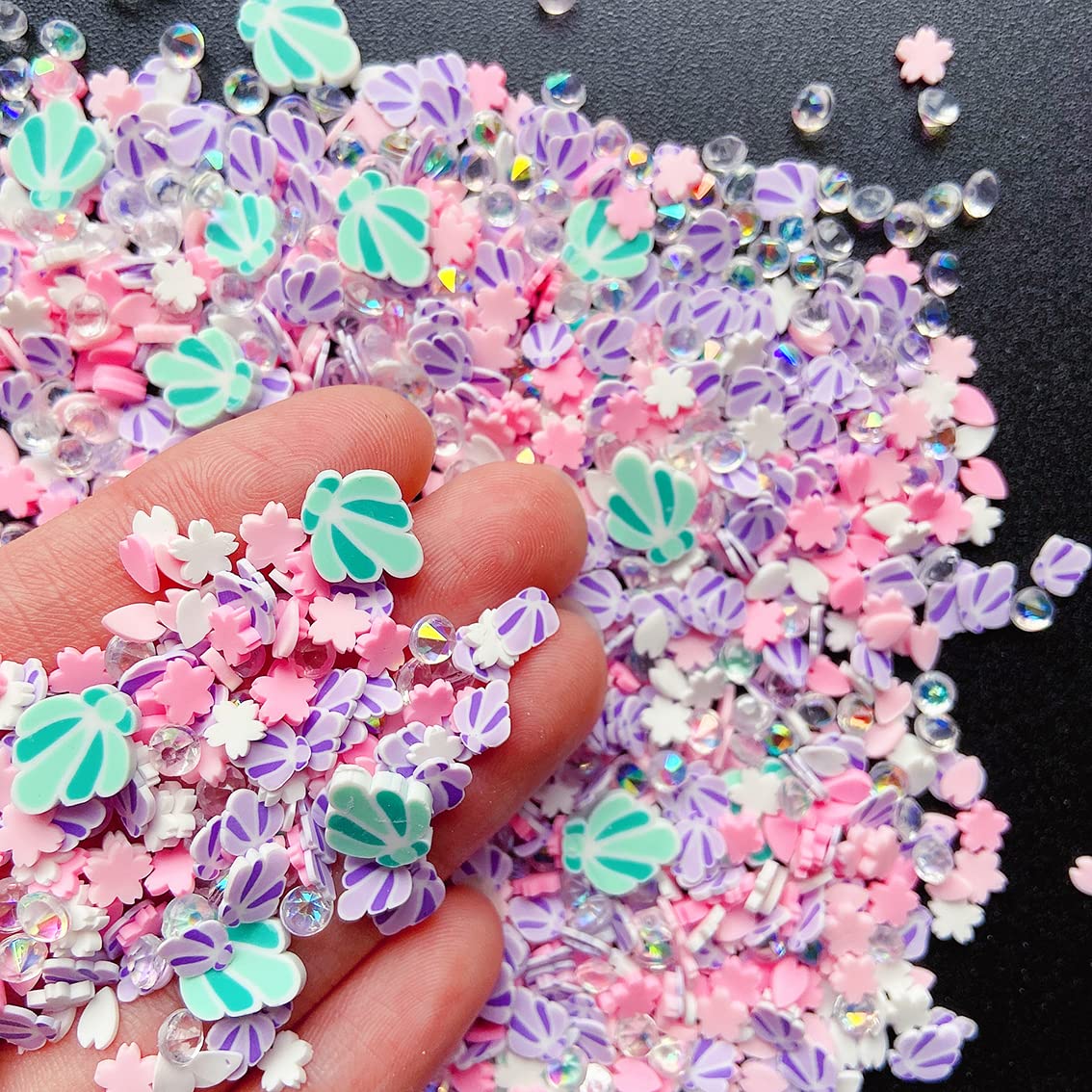 EHOPE Fake Sprinkles Resin Sprinkles Fake Candy Sprinkles Clay Sprinkles Polymer Sprinkles Polymer Clay Slices for Nail Art DIY Crafts Cake Phone Case(40G-Green Shell+Pink Cherry Blossom-44)
