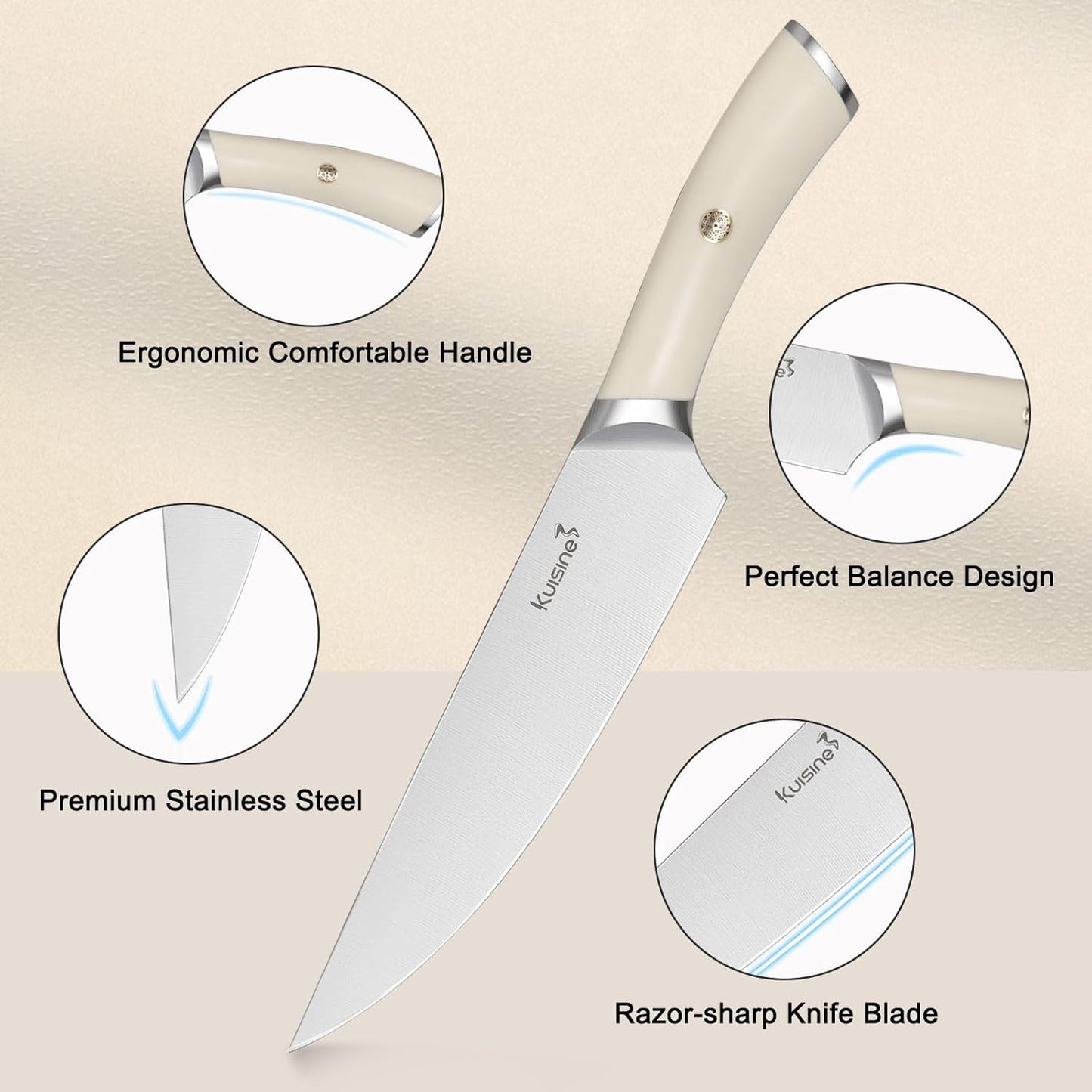 Kuisine Chef Knife Set,High Carbon Stainless Steel Block Knife Set,Knife Block Set with Built-in Sharpener,Sharp Knife Set Forged,Elegant Gift(Ivory,15pcs）