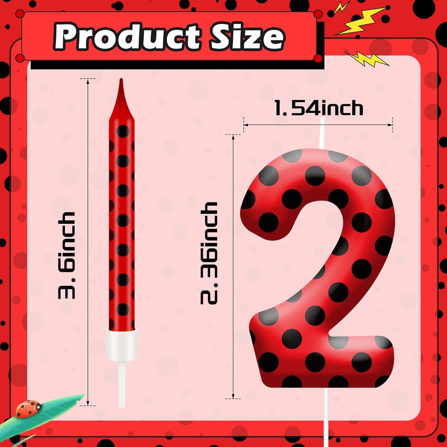 13PCS Ladybug Theme Birthday Candles Set - Red & Black Polka Dot Decorative Candles for Kids Ladybug Themed Parties, Baby Showers, Birthday Cakes, and Ladybird Inspired Celebrations(Number 2)