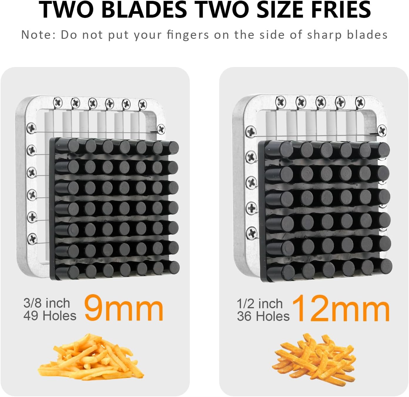 French Fry Cutter, Potato Slicer Fry Cutter with Detachable Handle， Stainless Steel Potato Cutter Includes 3/8",1/2" Blades with 4 Suction Feet for Potato, Carrot, Cucumbers