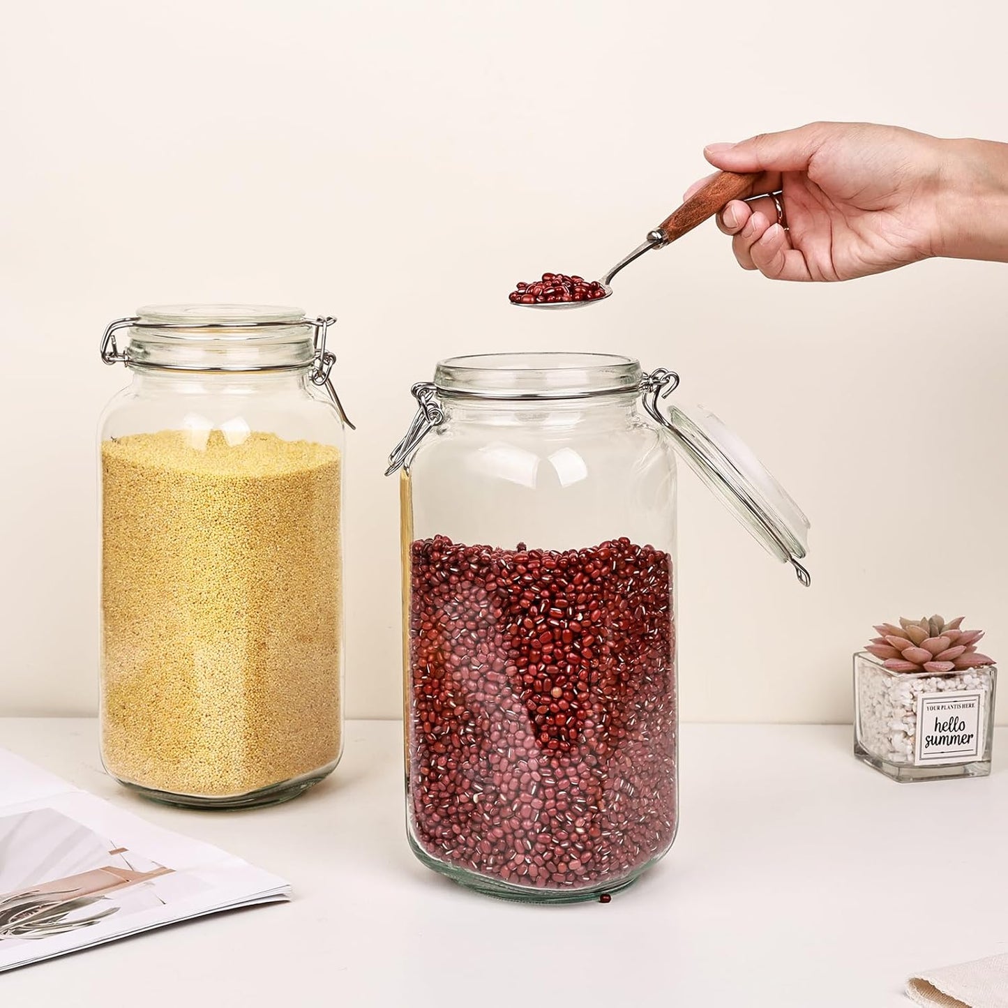 78oz Glass Food Storage Jars with Airtight Clamp Lids, 3 Pack Wide Mouth Large Kitchen Canisters for Flour, Cereal, Beans, Pasta and Canning, Square Mason Jar with Labels