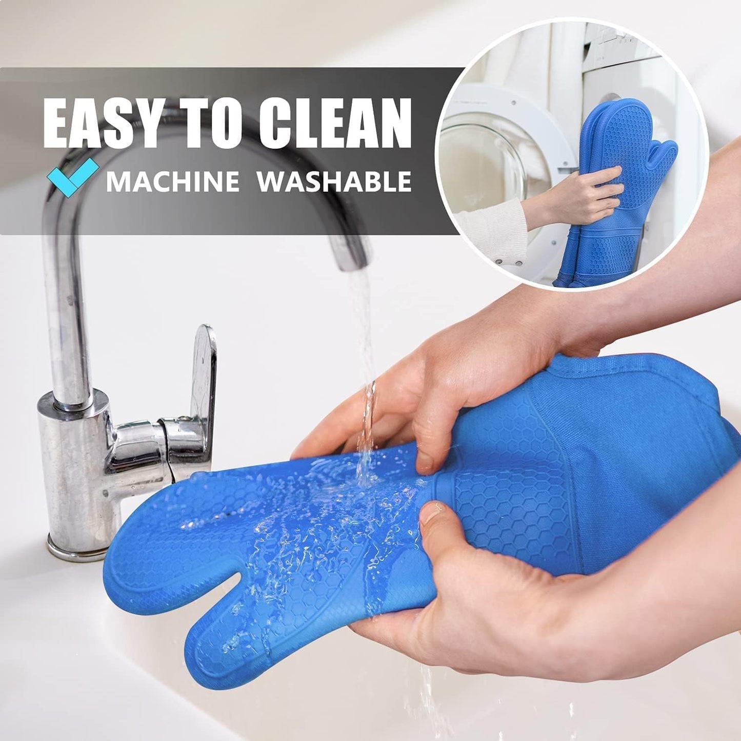 Rorecay Extra Long Oven Mitts and Pot Holders Sets: Heat Resistant Silicone Oven Mittens with Mini Oven Gloves Hot Pads Potholders for Kitchen Baking Cooking, Quilted Liner, Pack of 6 (Lake Blue)