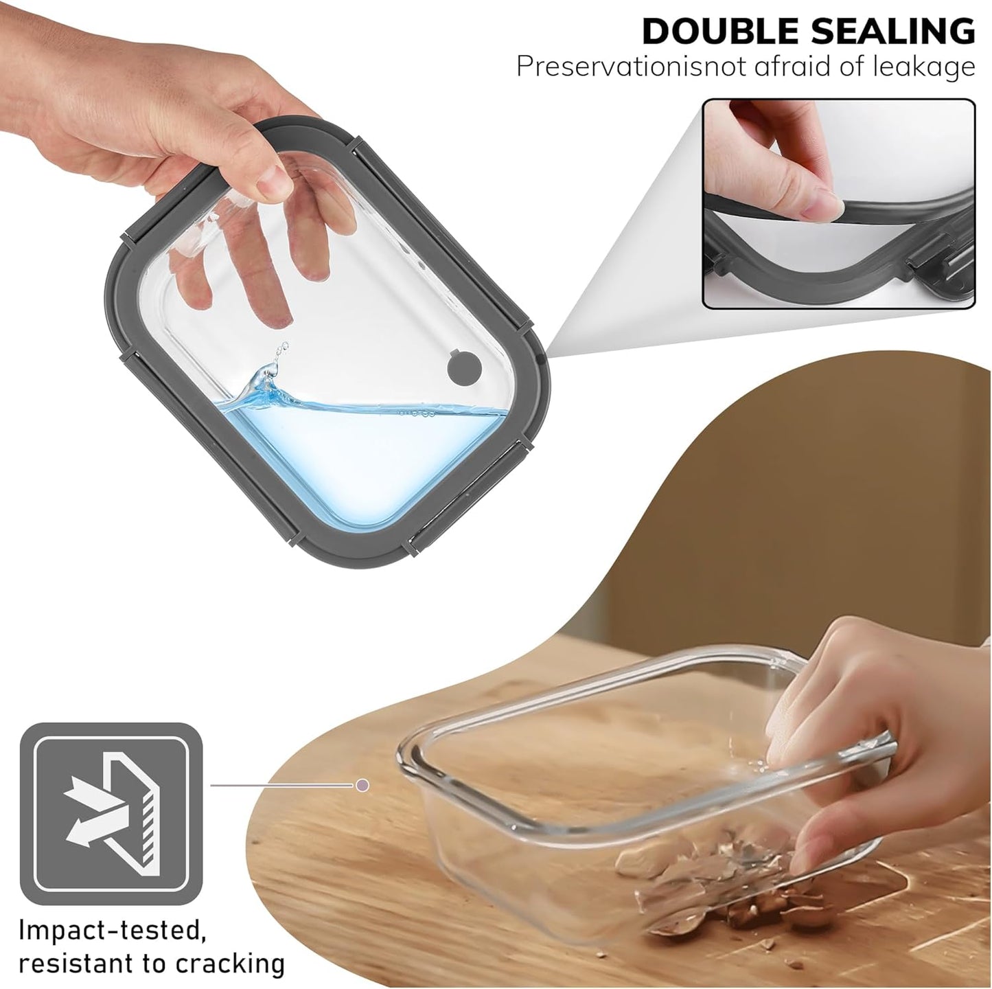 5-Pack Borosilicate Glass Containers with Tempered Lids, 35.2oz/4.4 Cup Airtight Meal Prep Set, Microwave/Freezer Safe (Gray)