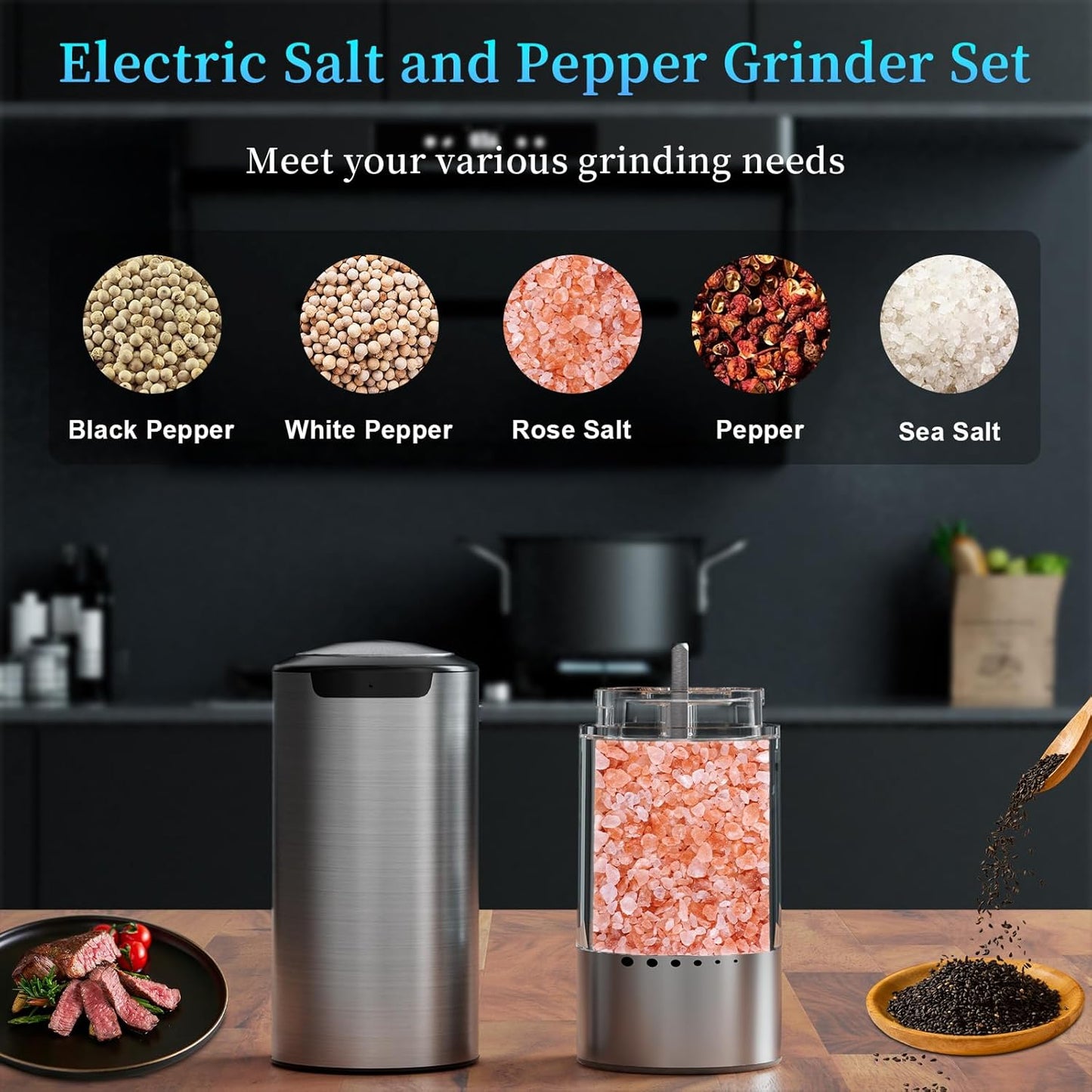 Electric Salt and Pepper Grinder Set Type-C Fast Charging, Automatic Salt and Pepper Shakers Adjustable Coarseness, Stainless Steel Rechargeable Salt and Pepper Grinder with LED Light