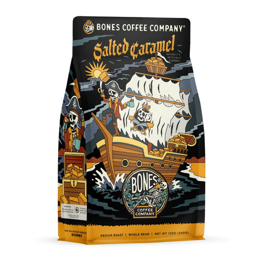 Bones Coffee Company Salted Caramel Flavored Coffee, Medium Roast Low Acid Arabica Beans Compatible with Auto drip and French Press Coffee Maker, 12 Oz Whole Bean