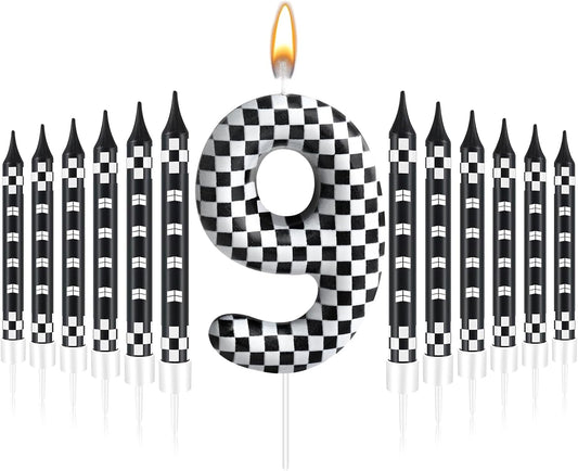13 Pcs Racing Cars Themed Birthday Candles Black and White Race Number 9 Checkered Candle Cake Topper for Racing Car Party Decoration Supplies (Number 9)