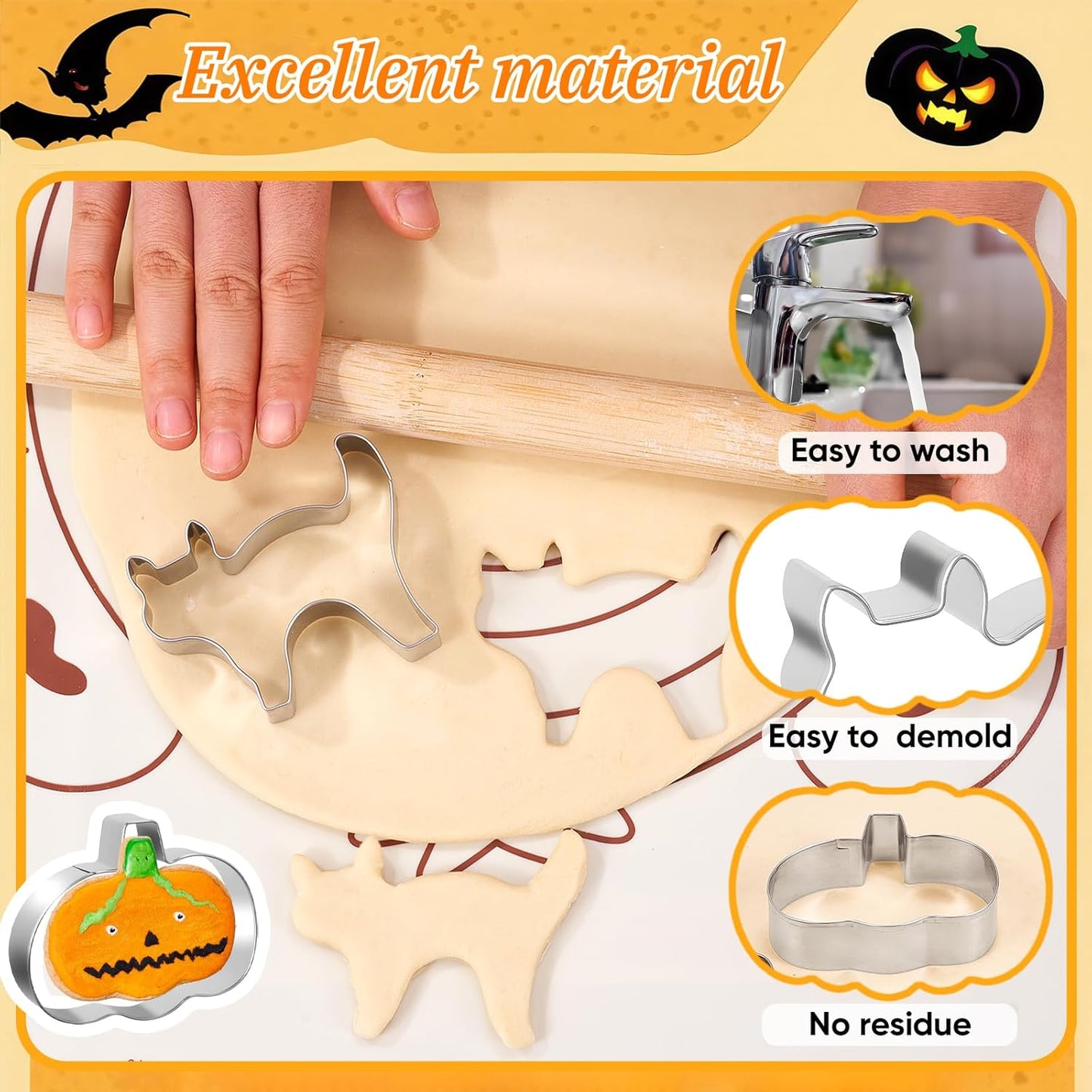 Halloween Cookie Cutters Set of 7 Stainless Steel Pumpkin Ghost Witch Hat Bat Cat Tombstone Skull Shapes for Halloween Party Supplies and Baking 50 Biscuit Bags Included