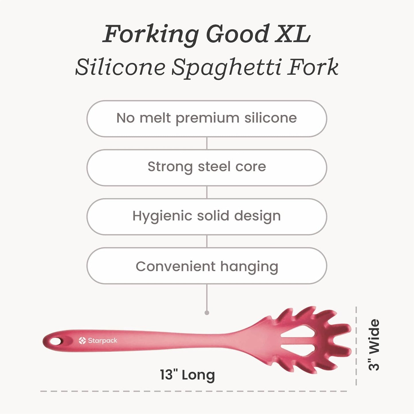Starpack 'Forking Good' XL Premium Silicone Pasta Fork (13.5") - Spaghetti Spoons High Heat Resistant to 600°F - Silicone Pasta Spoon Strainer - Server Spoon with Teeth - Server Utensil for Pastas