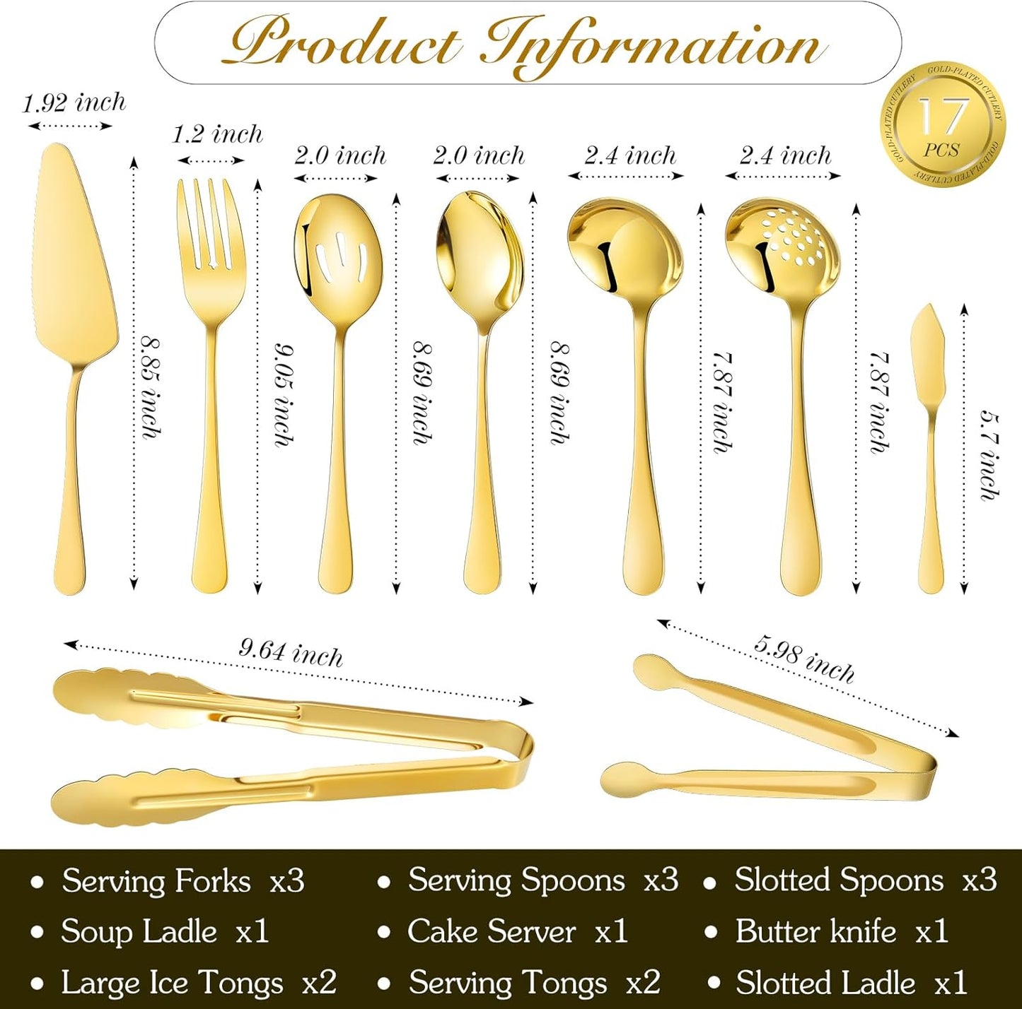Gold 17 Pieces Serving Utensils Include Large Serving Spoons,Slotted Serving Spoons,Serving Forks,Serving Tongs,Appetizers Tongs,Soup Ladle and Pie Cake Server for Buffet Catering (Gold, 17 Pcs)