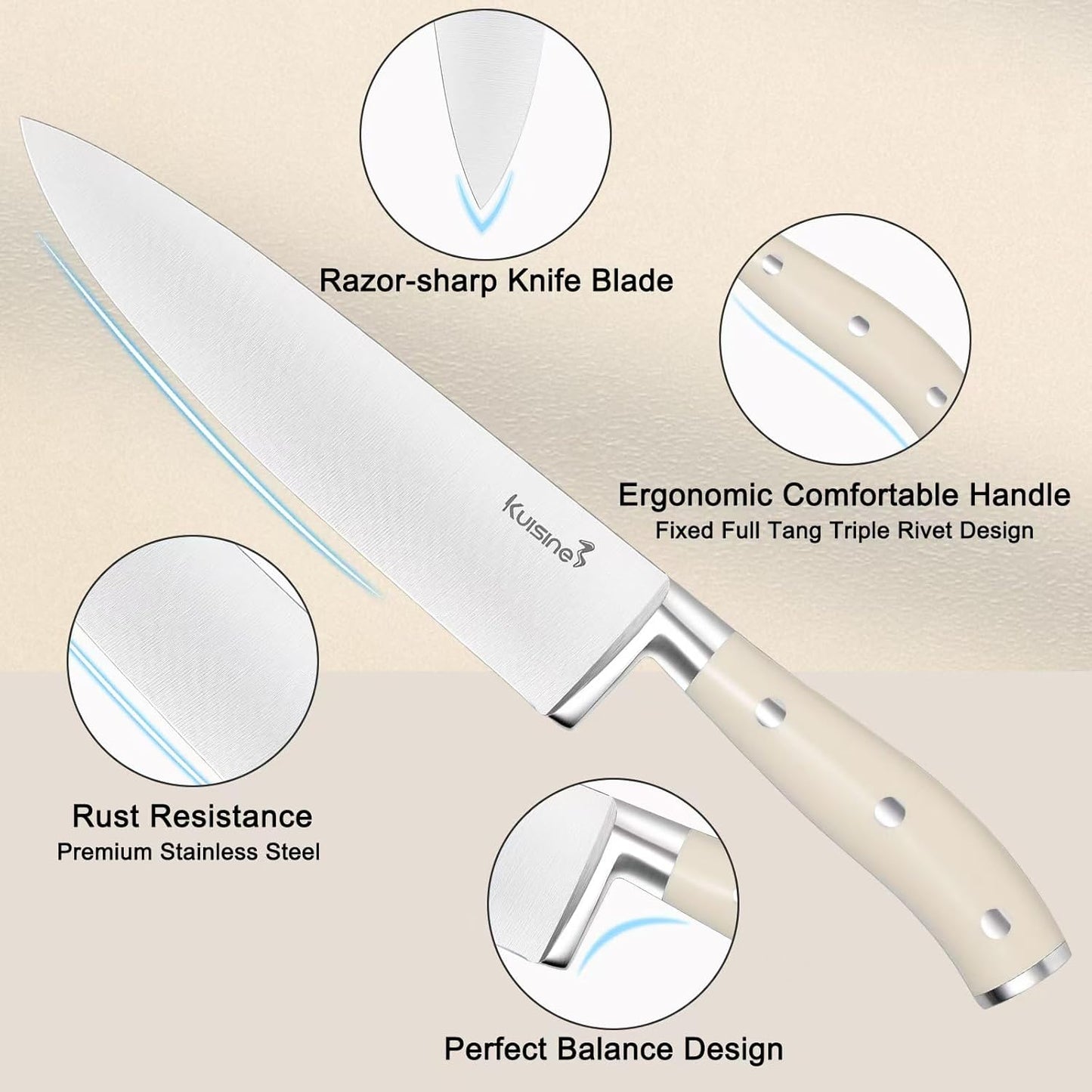 Kuisine Chef Knife Set,High Carbon Stainless Steel Sharp Knife Set Ergonomic Handle,Kitchen Knife Block Set with Built-in Sharpener(Ivory Pro,15PCS)
