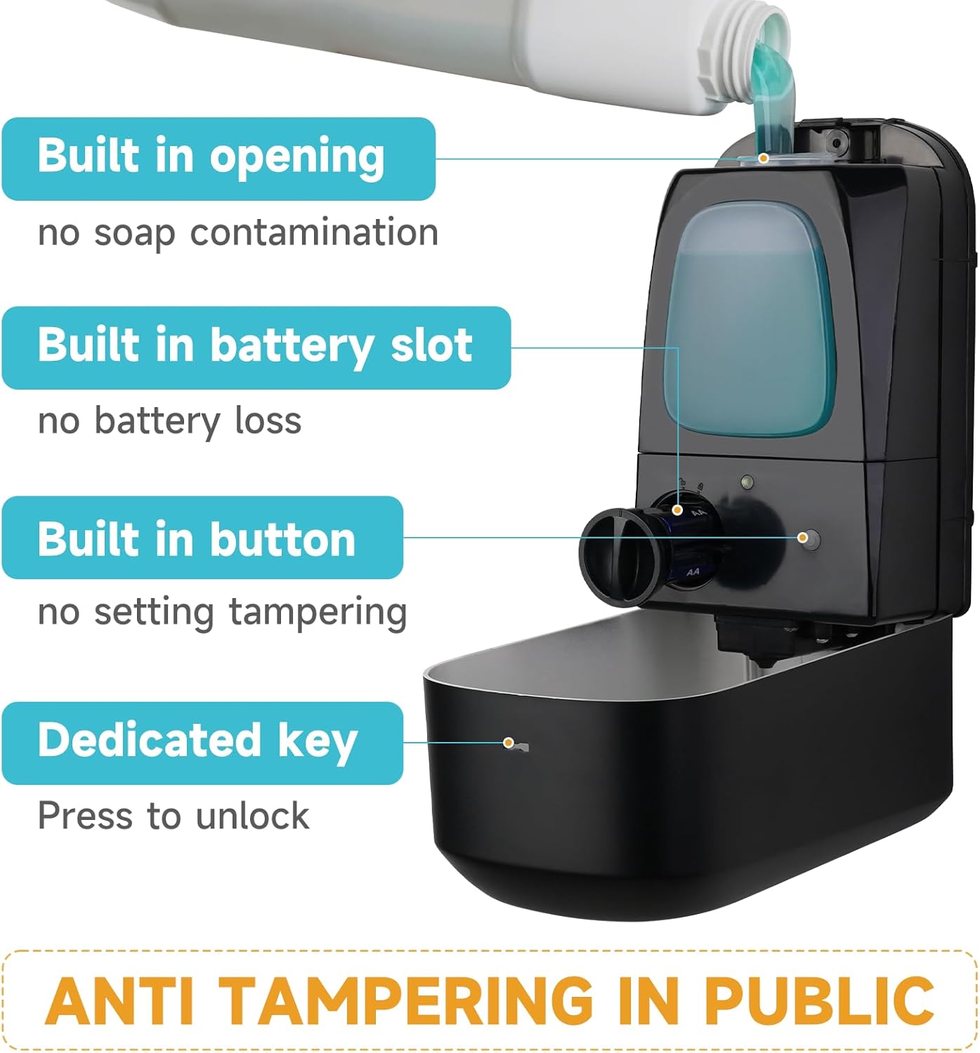 AIKE 33.8oz Automatic Wall Mount Liquid Soap Dispenser with Commercial ABS Construction, Model AK1226S(Black)