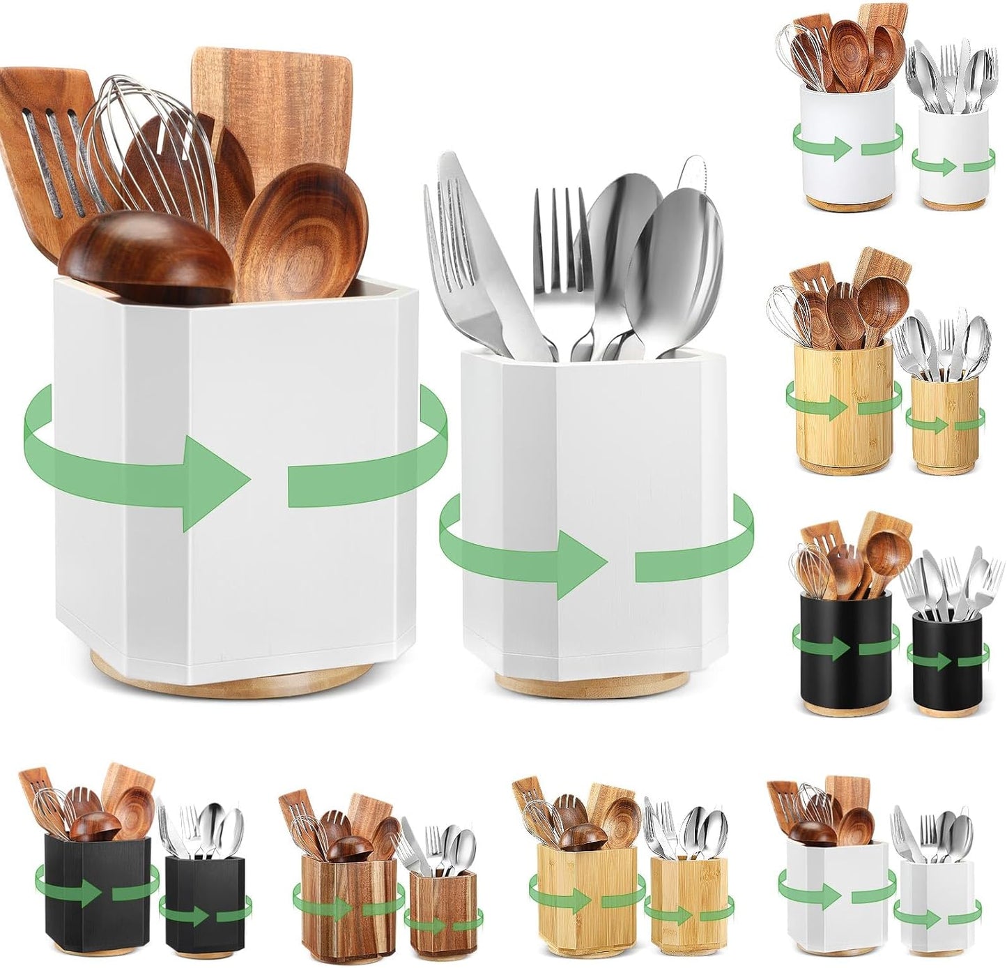 2 Pack Wooden Utensil Holder, 360°Rotating Kitchen Cooking Utensil Crock, Spoon Spatula Holder for Kitchen Counter, Farmhouse Countertop Organizer(White,Square)