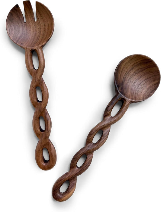 13" Wooden Salad Tongs For Serving, Walnut Kitchen Utensils Set, Salad Servers Mixing Dinner Fork and Spoon Long Handle, Housewarming Gift Ideas, Set of 2 (Walnut Wood)
