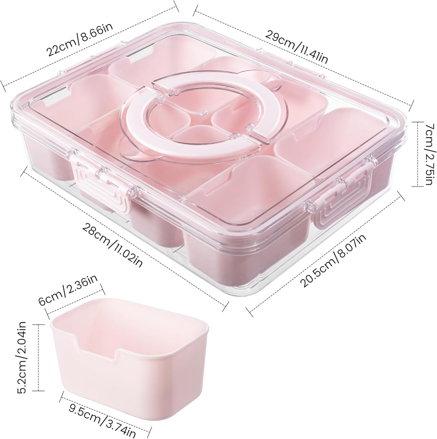 Divided Serving Tray with Lid and Handle - Snackle Box Charcuterie Container for Portable Snack Platters Organizer for Candy, Fruits, Nuts, Snacks - Perfect for Party, Entertaining, Pink