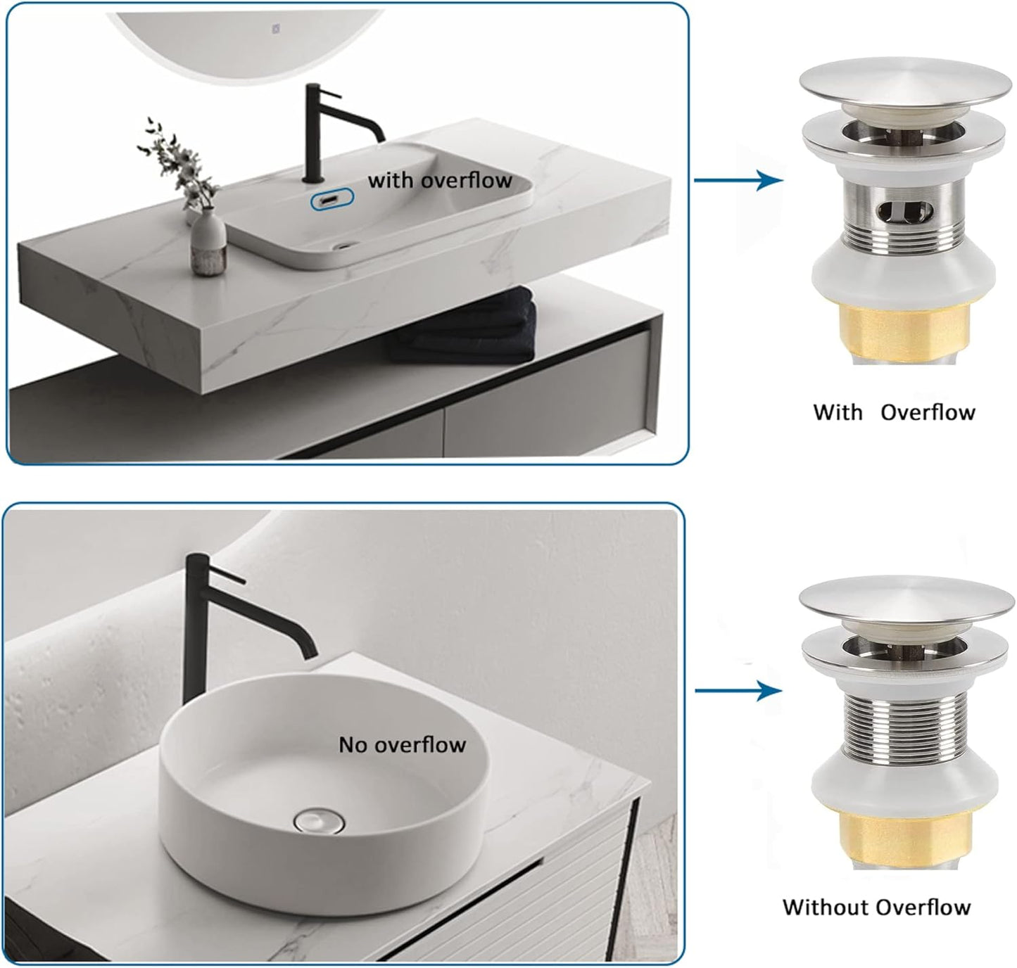 Bathroom Sink Drain,5 Pack Drain Stopper Bathroom Sink Without Overflow,Pop Up Drain Assembly with Detachable Strainer Basket,Built-in Anti-Clogging Strainer,Stainless Steel Brushed Nickel