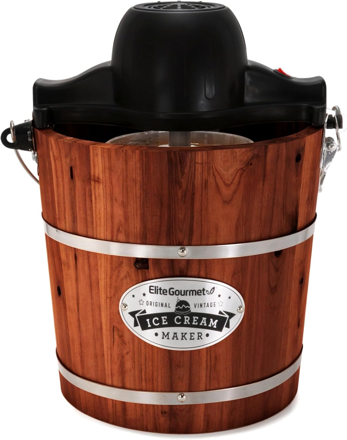 Elite Gourmet EIM418 Old Fashioned 4 Quart Vintage Walnut Wood Bucket, Electric Ice Cream Maker Machine, Uses Ice and Rock Salt Churns Ice Cream in Minutes