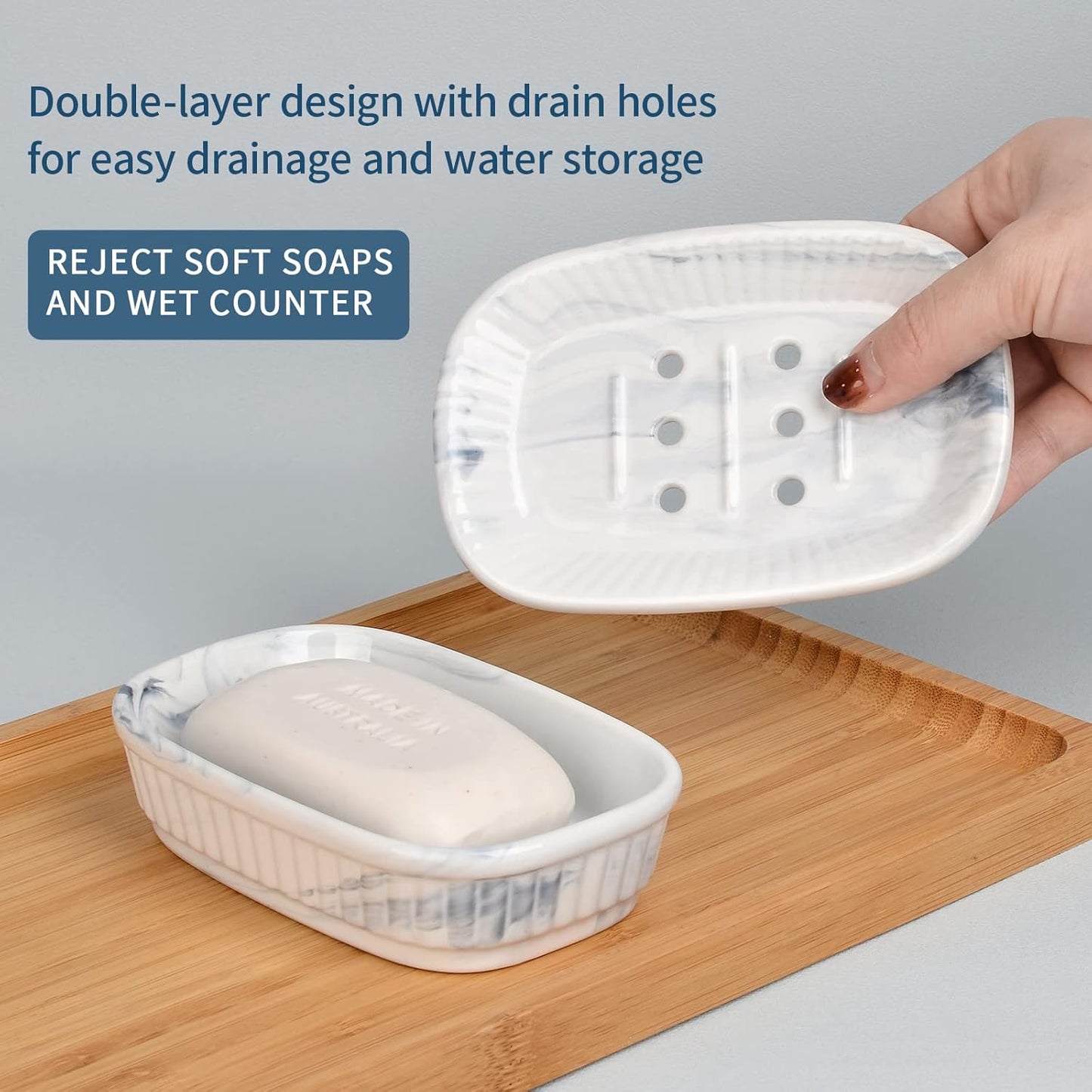 Ceramic Soap Dish, Self-draining Soap Holder, Double Layer Bar Soap Holder Marble Blue, Draining Soap Dishes for Bathroom Shower Kitchen, Easy to Clean, Keep Soap Dry, ANTIS'S HOME