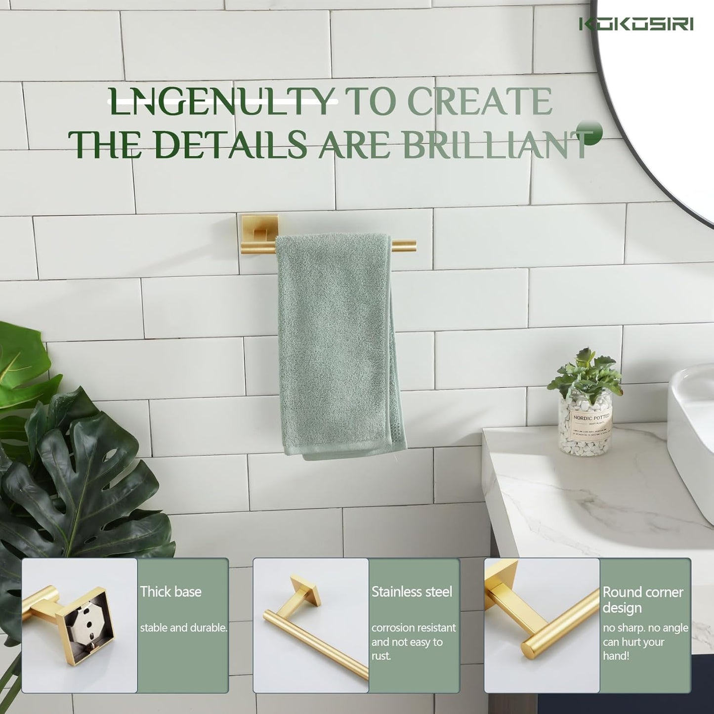 KOKOSIRI Bathroom Towel Bar Gold Hand Towel Holders Wall Mount Screw in Toilet Kitchen Rail Stainless Steel Bath Accessories, B3008BG