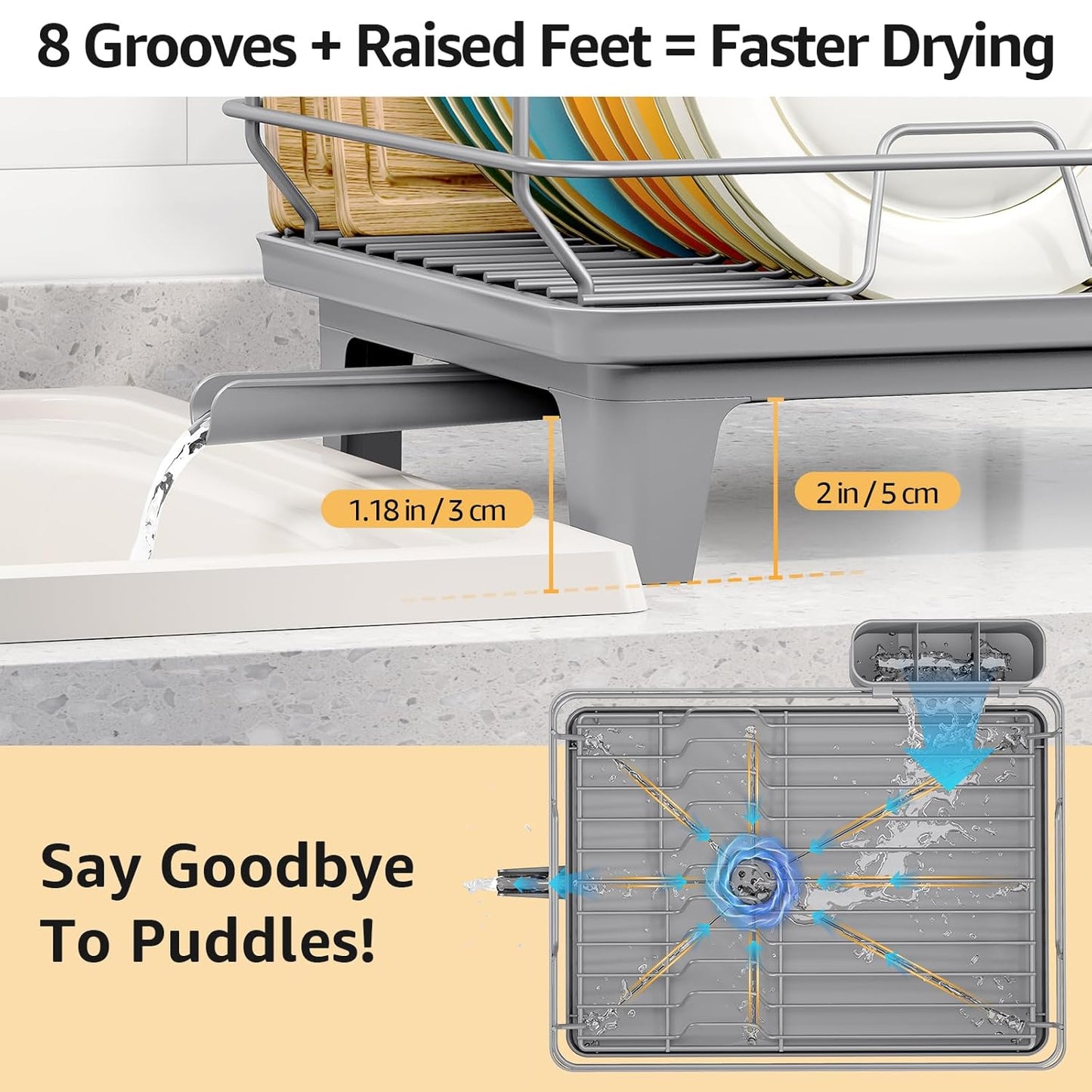 Dish Drying Rack for Kitchen Counter, Space-Saving Dish Rack, Multifunctional Dish Drainer Rack, Sink Kitchen Dishes Strainer, Dryer Rack with Drain Board, and Cutlery Holder,Small Size Gray