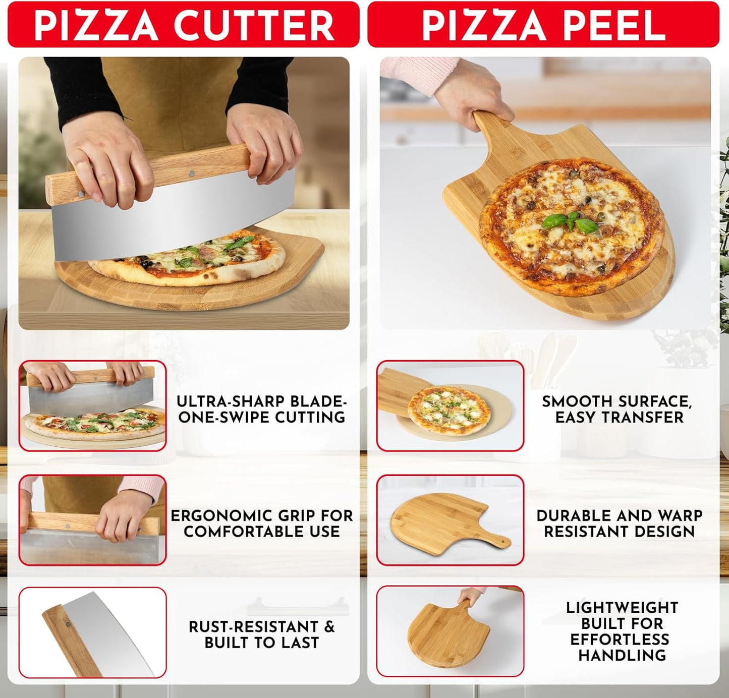 3PCS Round Pizza Stone for Oven Set 15" - Comes with Pizza Peel for Oven and Cutter - Cordierite Stones for Bread, Calzone, Cookies