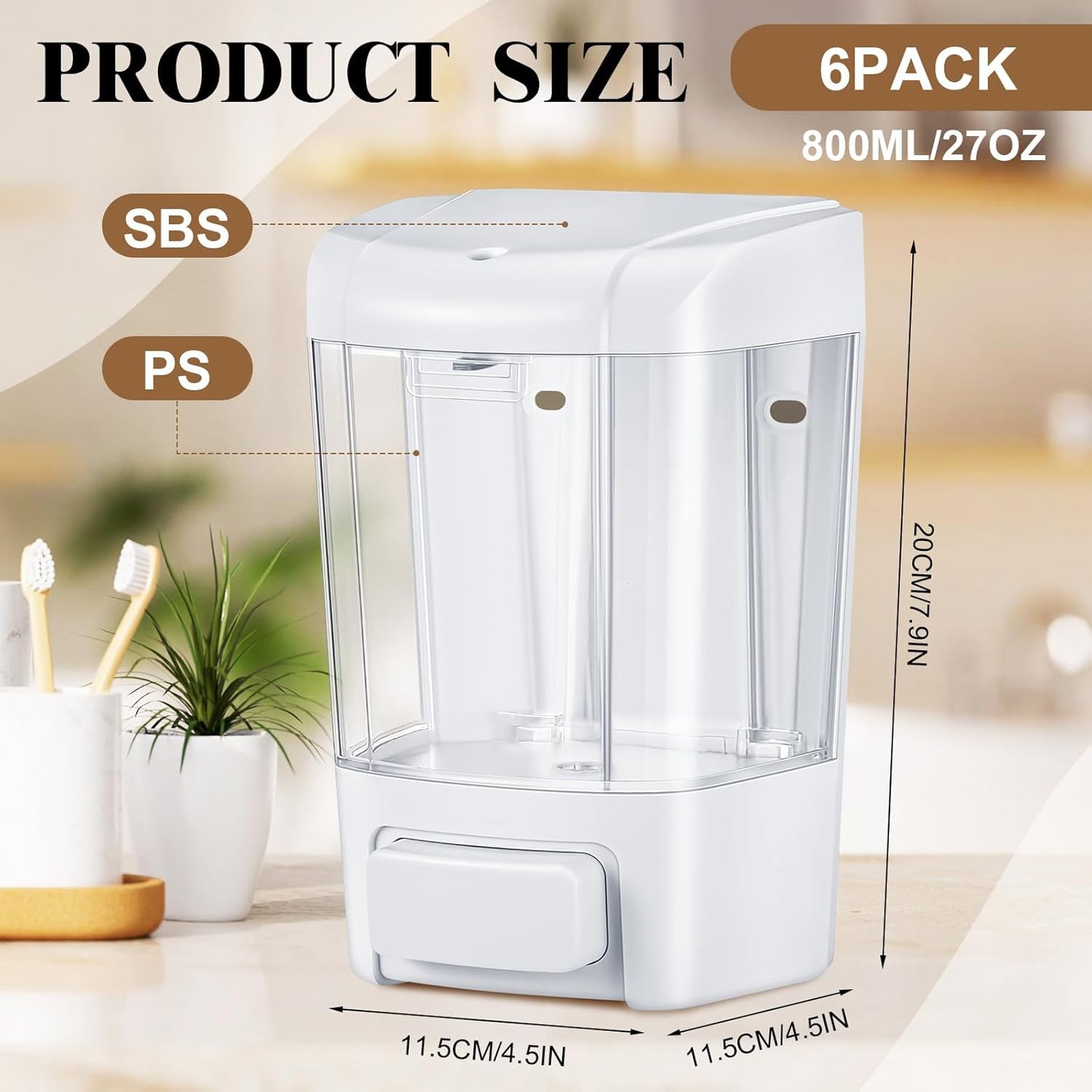 Hushee 6 Pcs Plastic Wall Mounted Soap Dispenser Commercial Manual Soap Dispenser Containers for Kitchen Shower Hotel