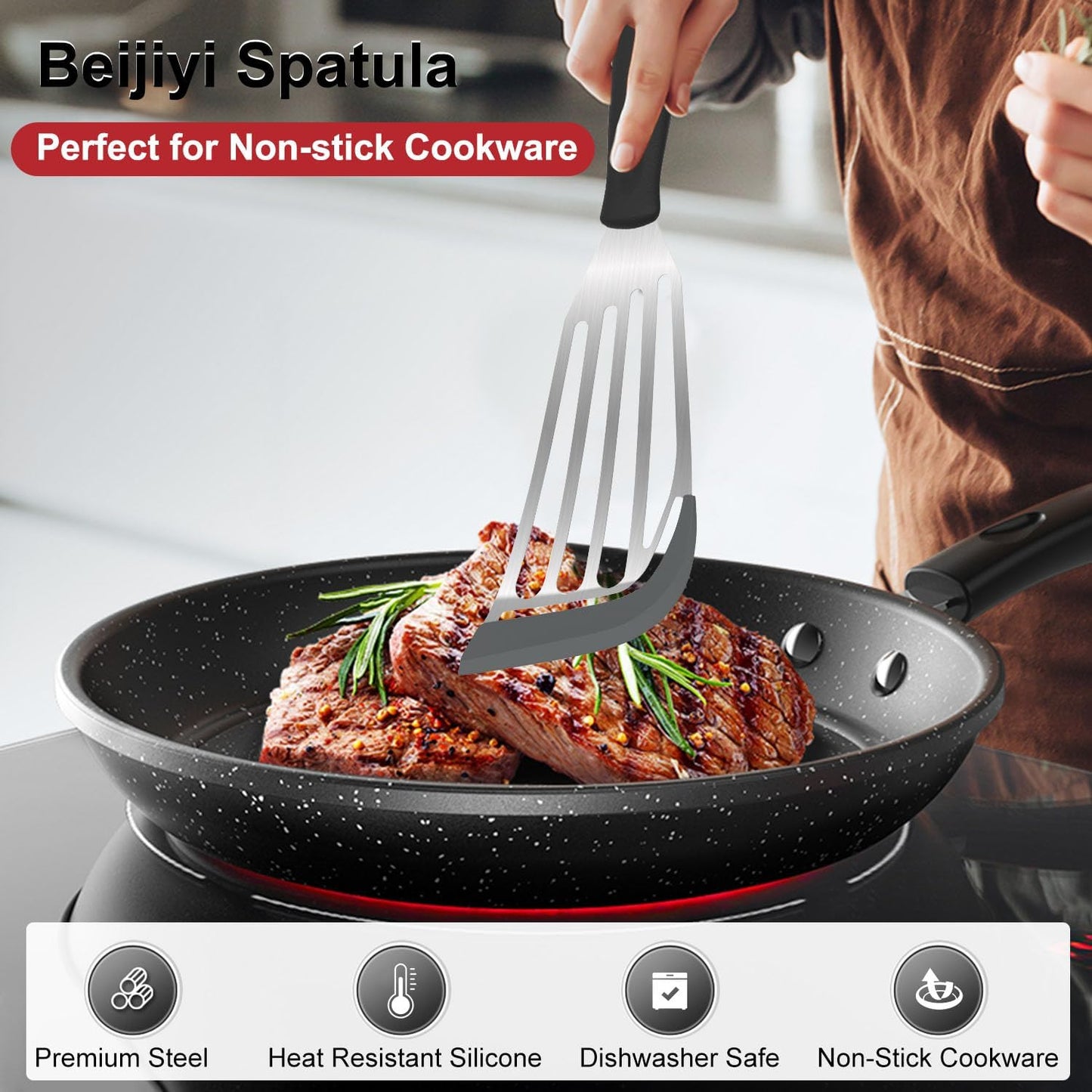 Beijiyi Heat Resistant Silicone Fish Spatulas, 2-Piece Slotted Fish Turner Spatula Set for Non Stick Frying Pan, Kitchen Cooking Utensils Flexible Thin Egg Flipper, 12.3" & 10.6", Gray Silicone Edge