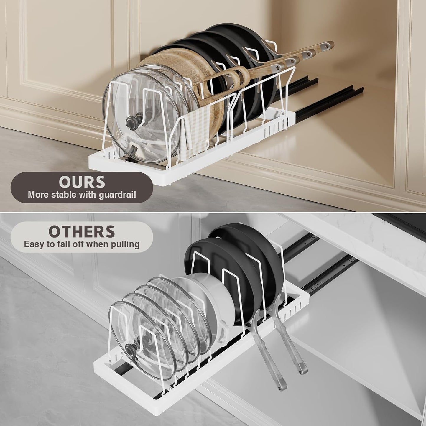 2 Pack Pots and Pans Organizer Under Cabinet, 22" Deep Expandable Pull Out Pot Lid Organizer and Storage with 10 Adjustable Dividers No Drill Pot and Pan Holder Rack with Handle Bracket(White)