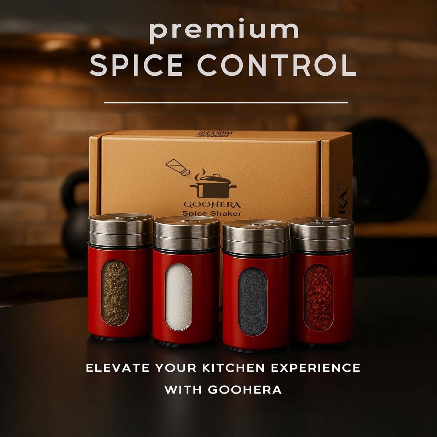 4-Piece Premium Stainless Steel Salt and Pepper Shakers Set – Adjustable Pour Holes Spice Dispenser for Salt, Sugar, Cinnamon, and Pepper – Stylish Kitchen Seasoning and Spice Shaker Set (Red)