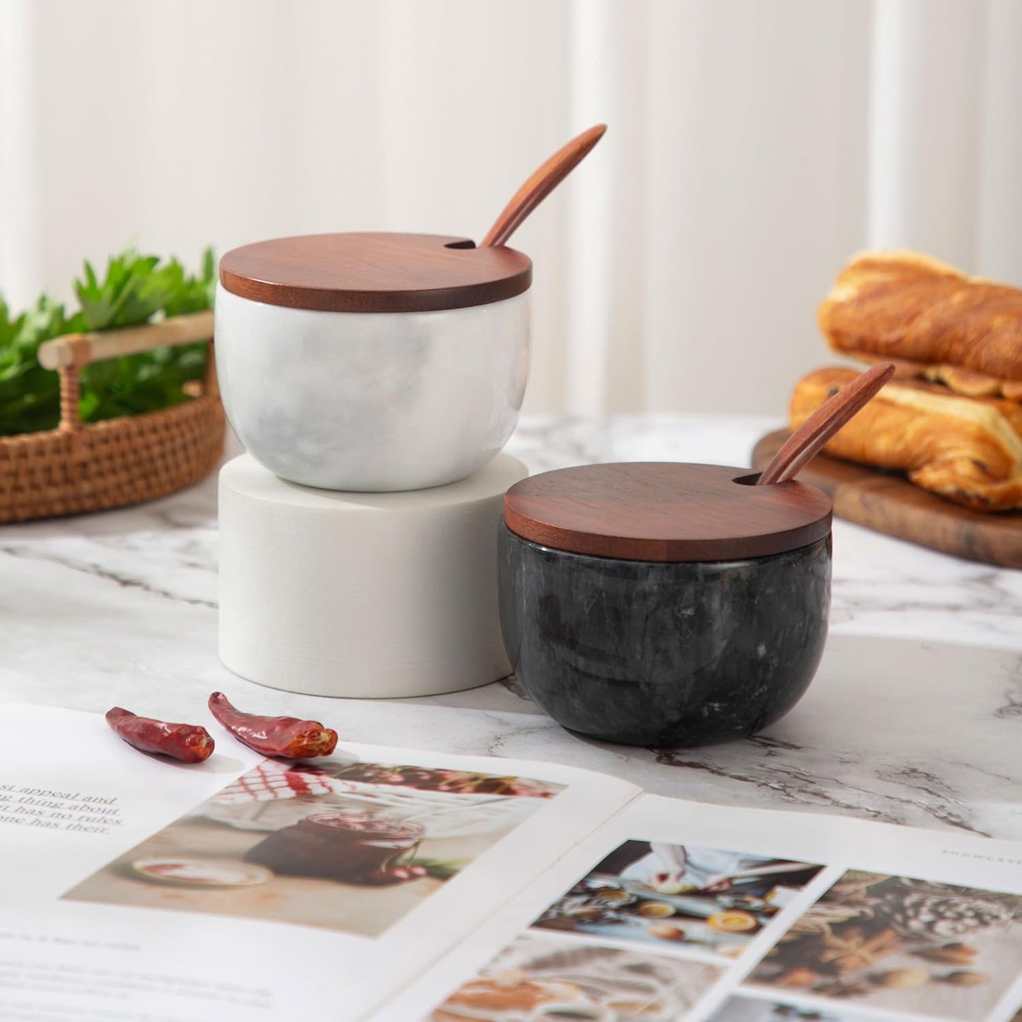 Marble Salt Cellar with Lid & Spoon, 11oz Salt and Pepper bowls, Handcrafted from Natural Marble, Smooth Inside ((white+black) bowl)
