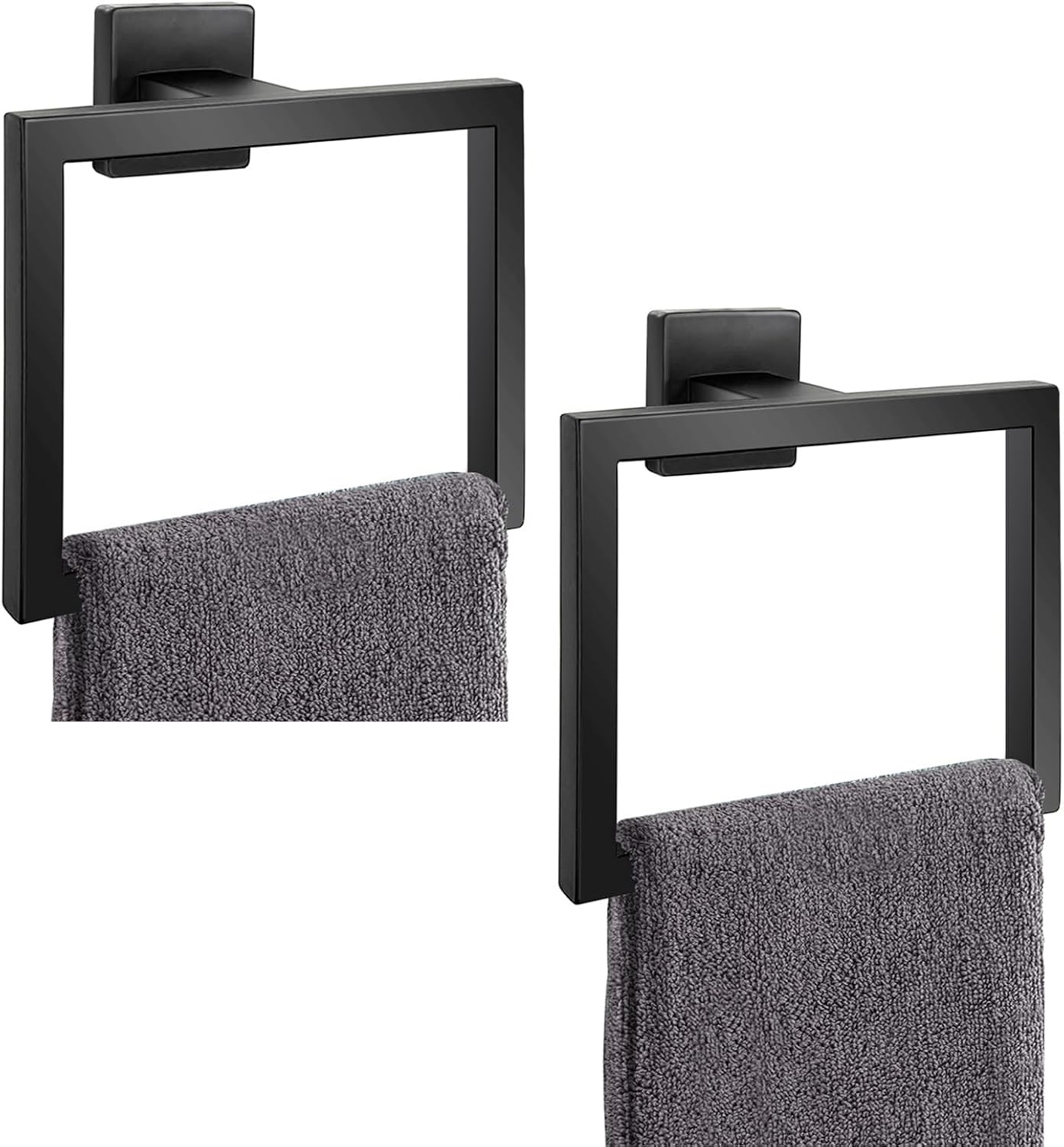 2-Piece Matte Black Square Towel Ring,Modern Hand Towel Holder for Bathroom,SUS304 Stainless Steel Towel Hangers Wall-Mounted