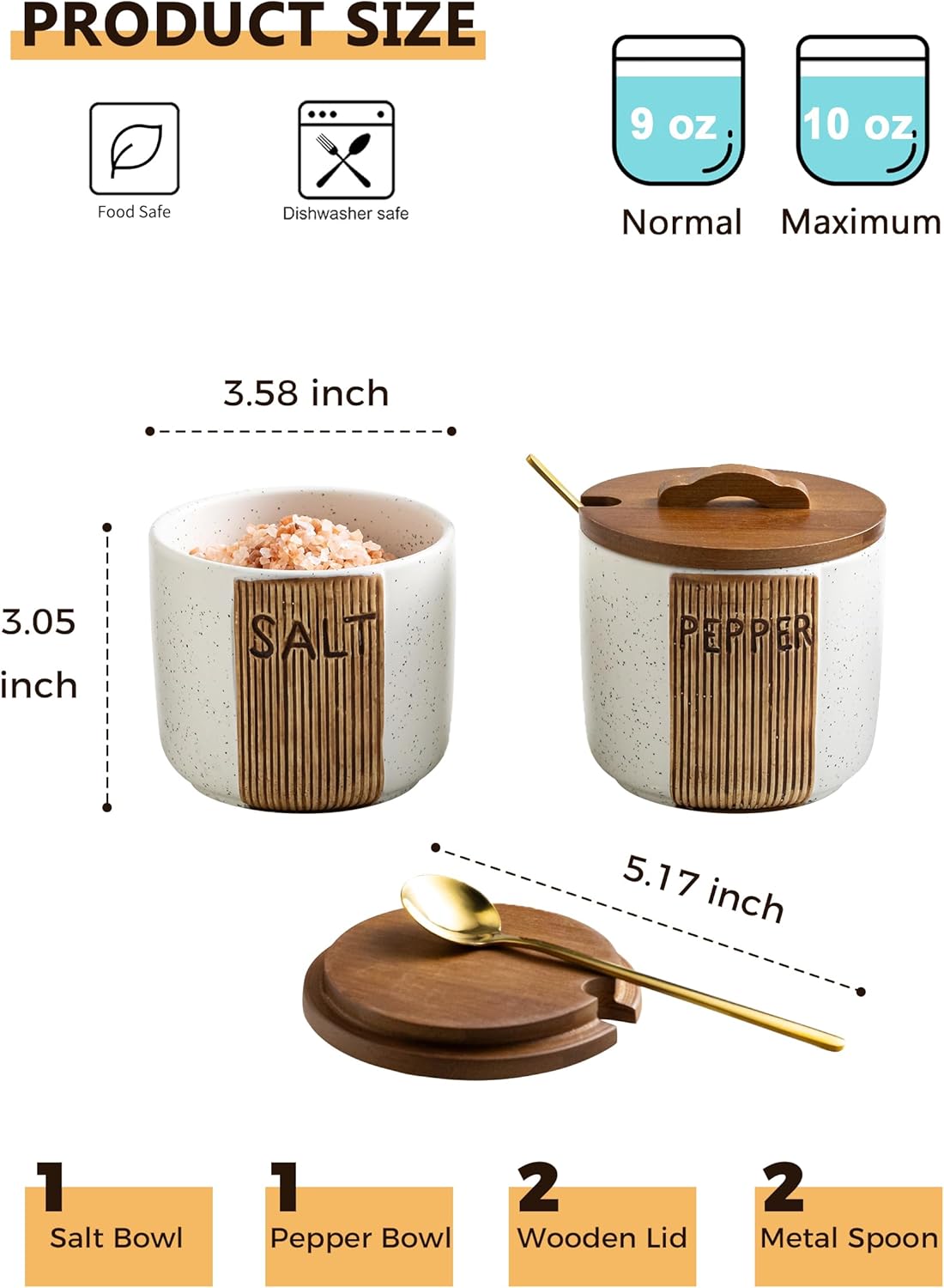 Salt and Pepper Bowl Ceramic, 10 Oz Salt and Pepper Cellar with Lid and Spoon, Farmhouse Salt Containers for Countertop, White
