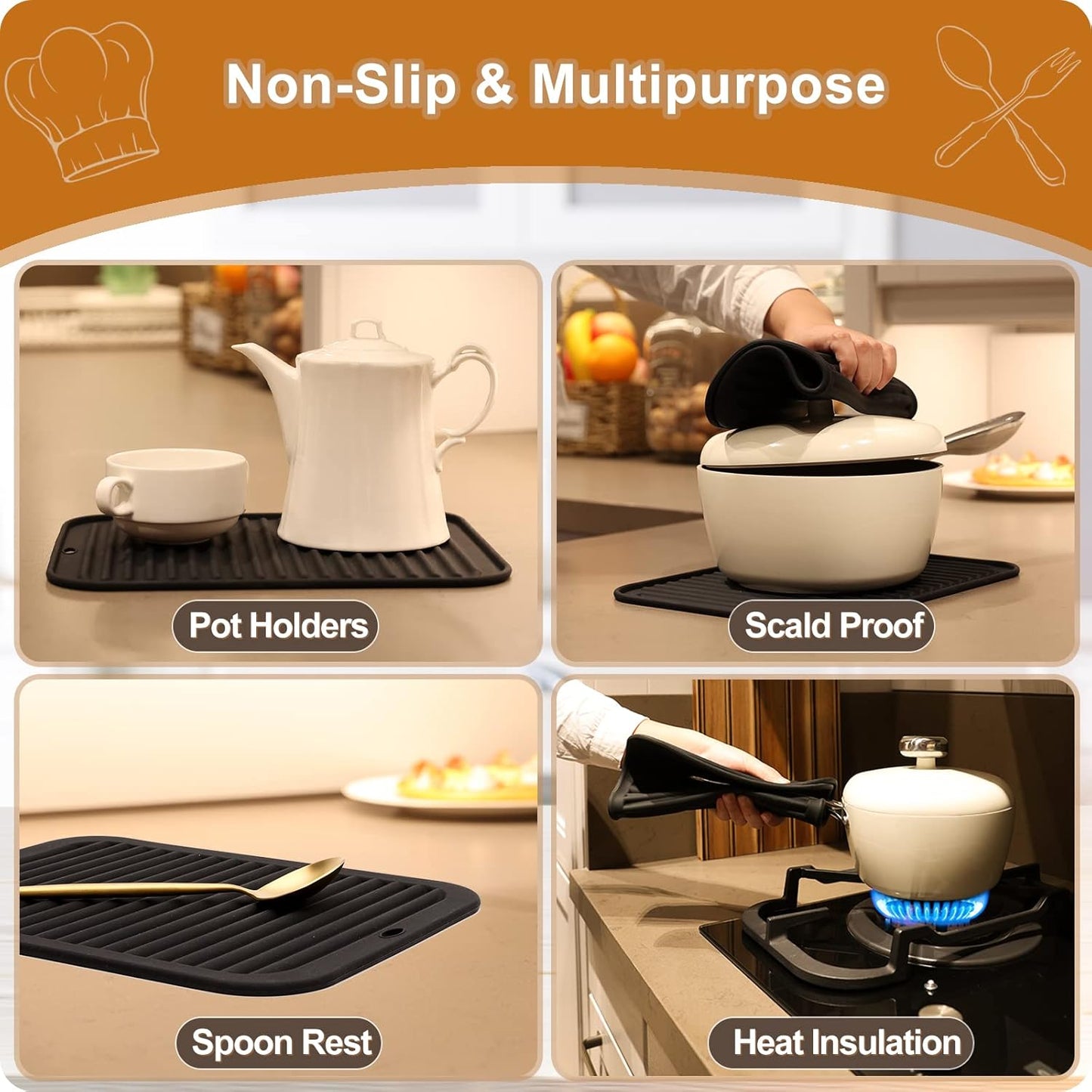 Joyhalo Trivets for Hot Dishes - Hot Pads for Kitchen 9'' x 12'', Silicone Trivets for Hot Pots and Pans, Hot Plates to Protect Table, Quartz Countertops Heat Resistance to 480°F, Set of 2, Black