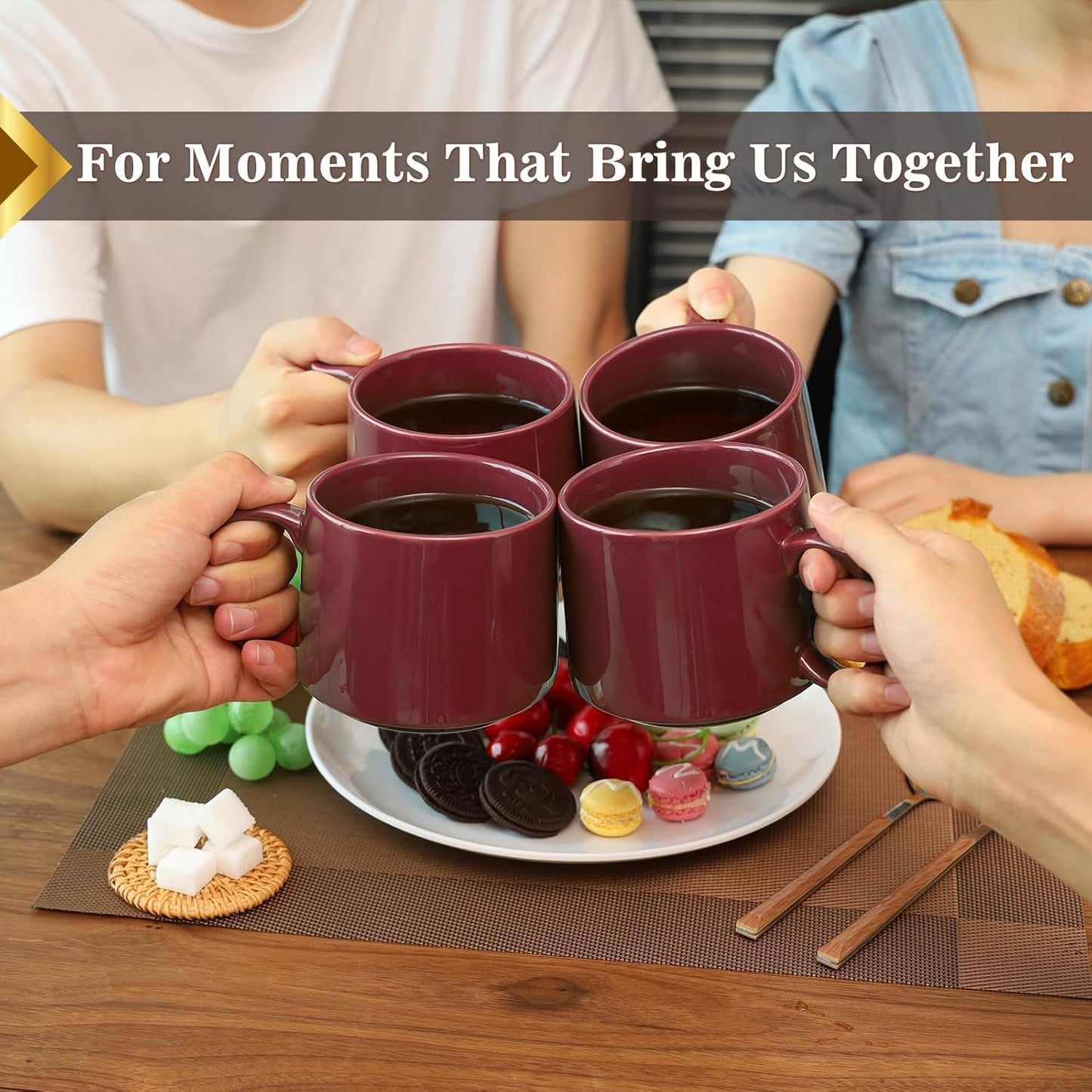 19 oz Large Coffee Mugs Set of 4, Stackable Ceramic Coffee Mugs with Large Handles for Coffee, Latte, Cappuccino, Milk, Dishwasher & Microwave Safe, Ideal for Men, Women, Dads and Moms (Red)