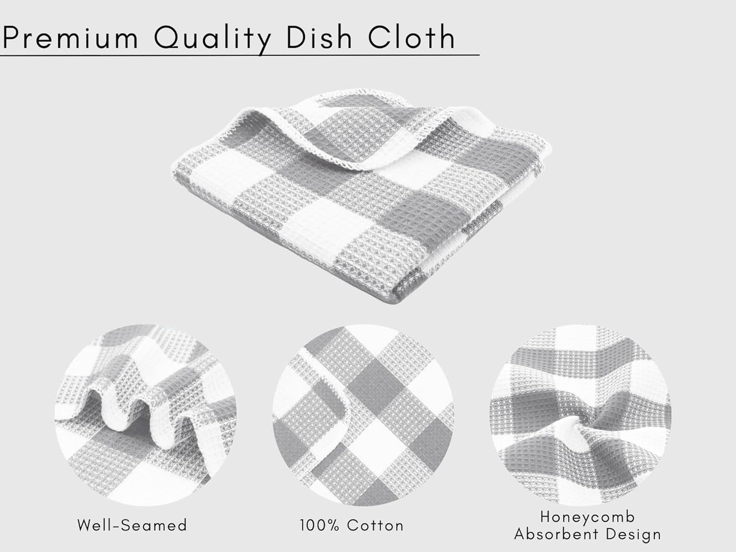 PurpleEssences Waffle Weave Plaid Dish Cloths, 100% Cotton - 12 x 12 Inches, Ultra Soft Absorbent Quick Drying Dish Towels Buffalo Check Dish Rags for Kitchen, 8 Pack - Spring Summer - Grey & White
